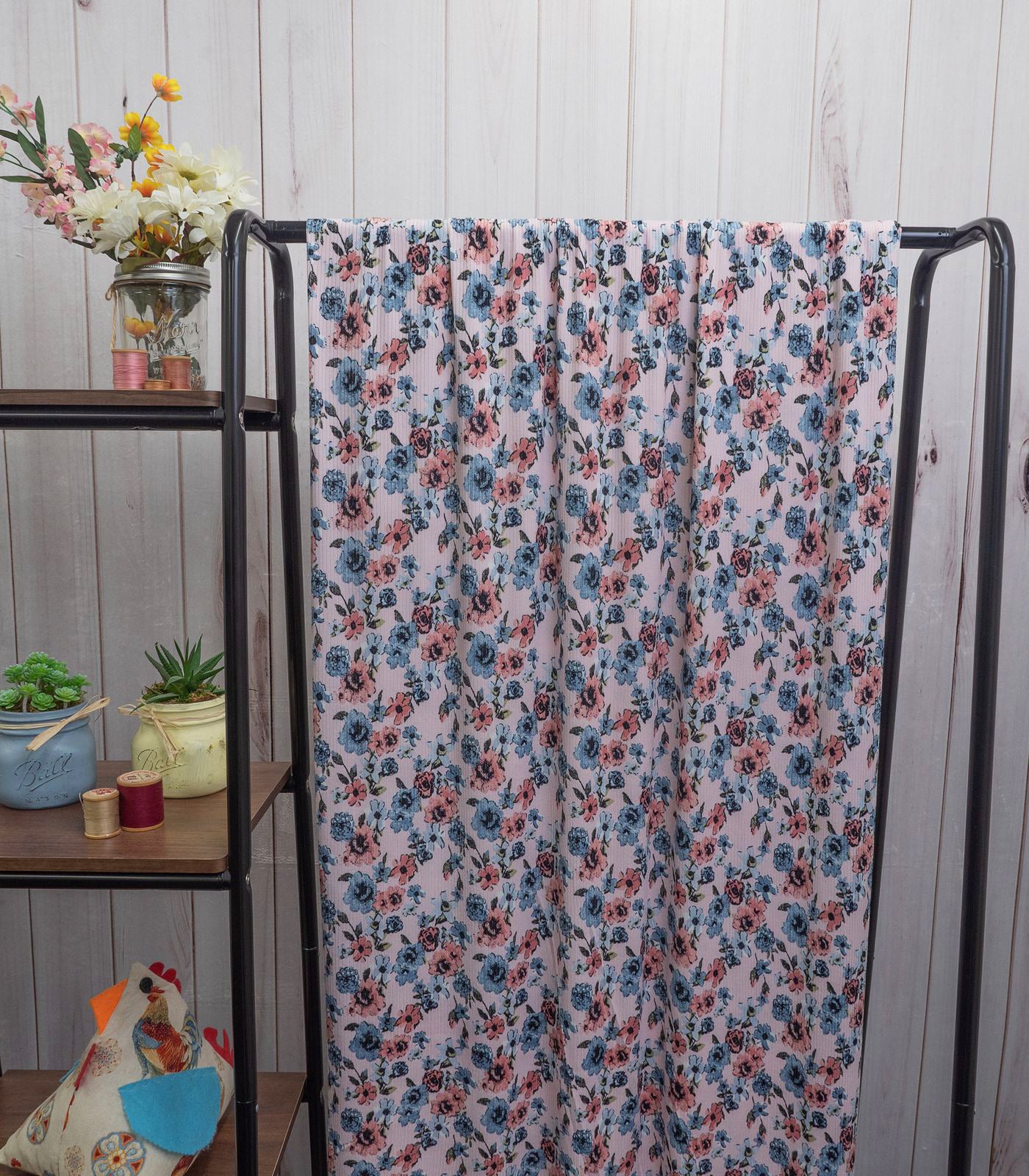 Rose/Blue/Dusty Rose Floral Ribbed Knit (4x2) Fabric