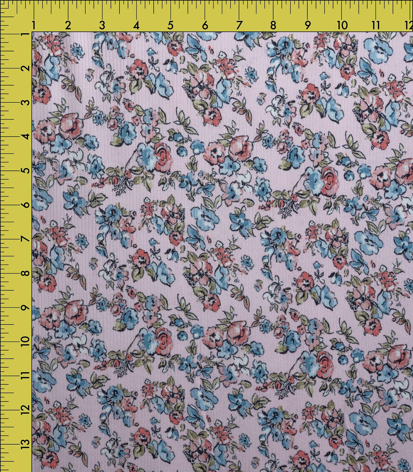 Rose/Blue Floral Ribbed Knit (4x2) Fabric