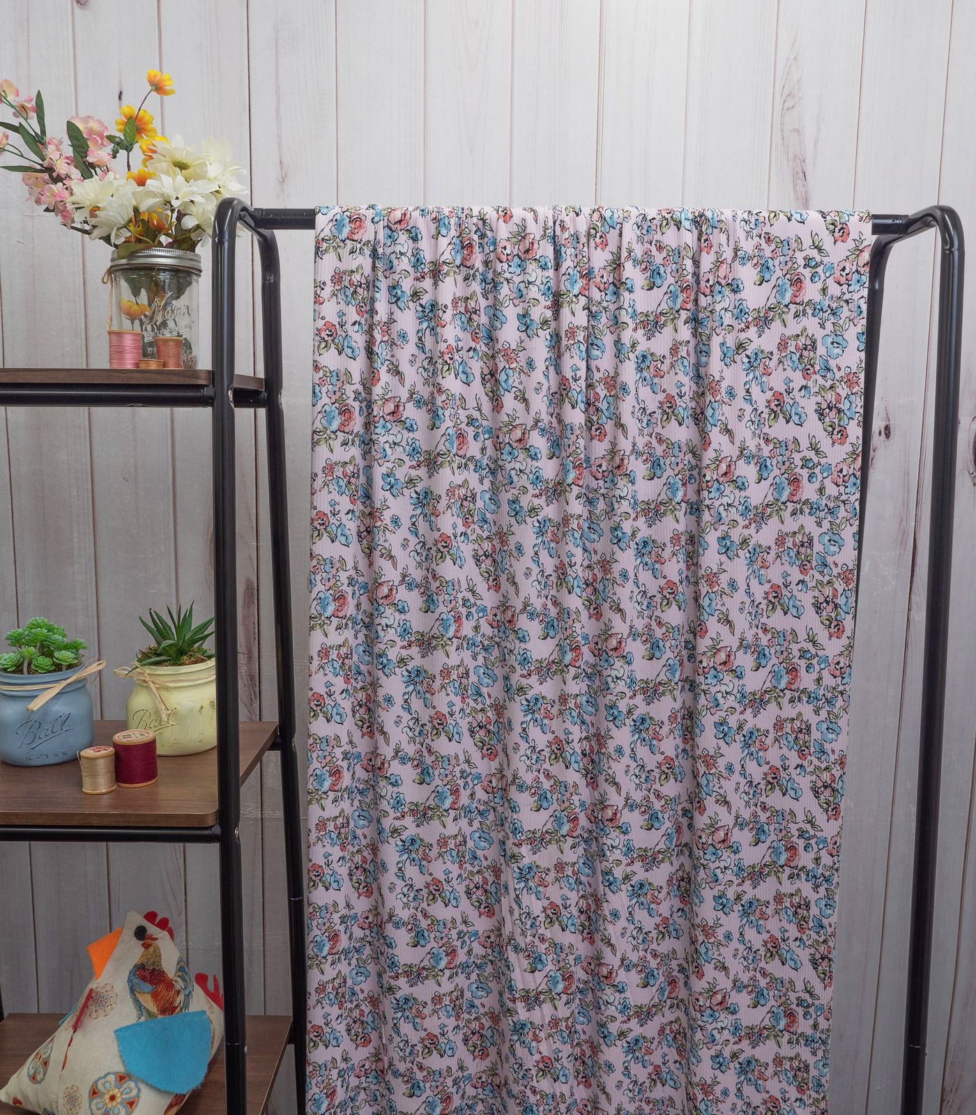 Rose/Blue Floral Ribbed Knit (4x2) Fabric