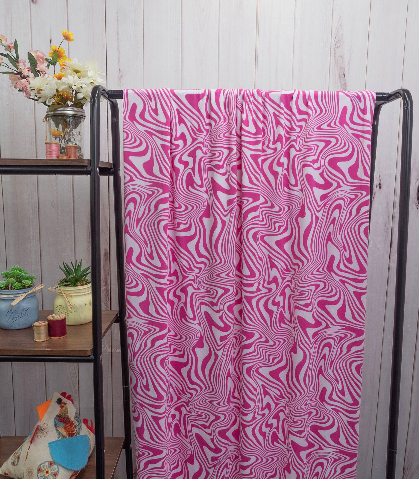 Pink/White Swirls Double Brushed Poly Fabric