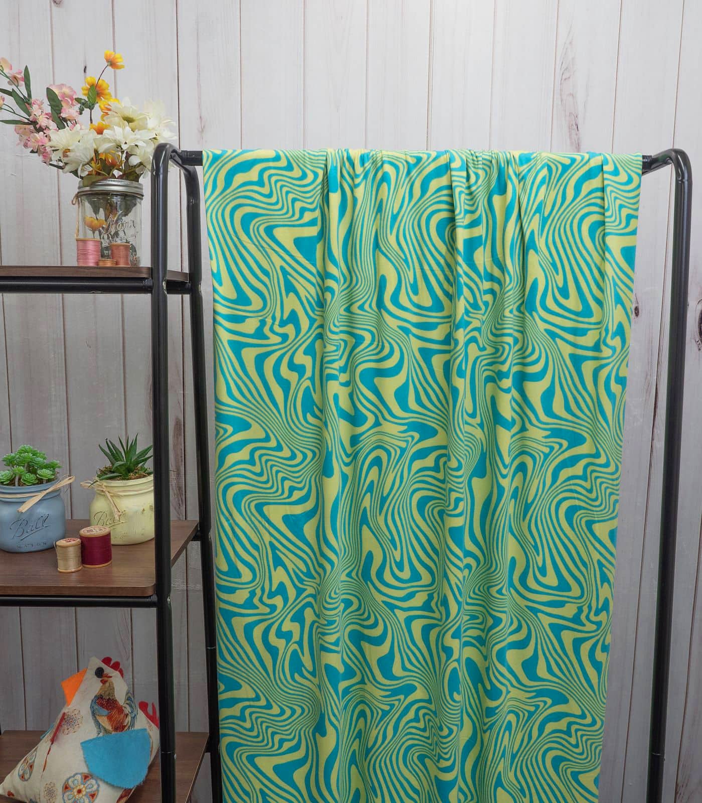 Teal/Lime Green/Yellow Swirls Double Brushed Poly Fabric