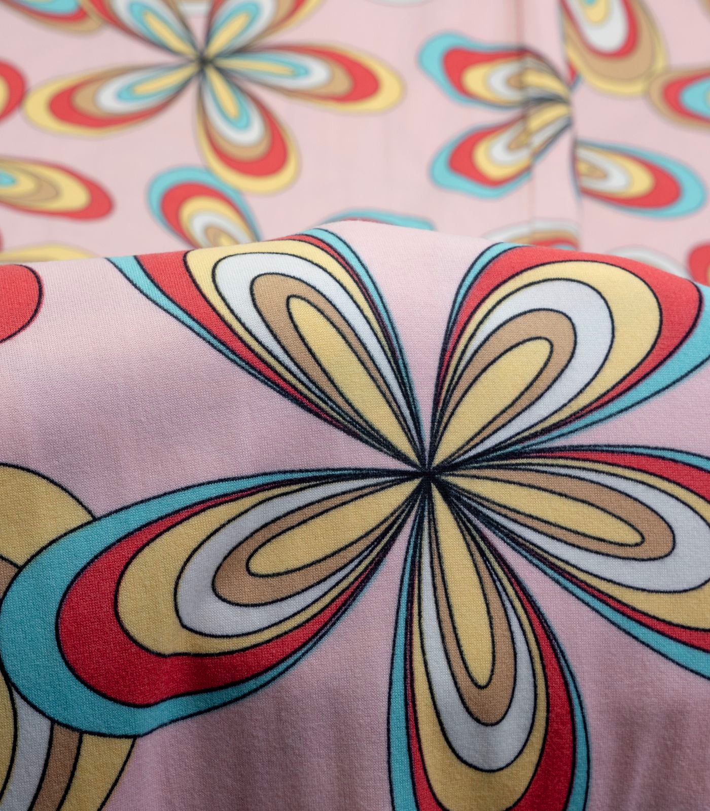 Dusty Rose/Blue/Yellow Tropical Double Brushed Poly Fabric