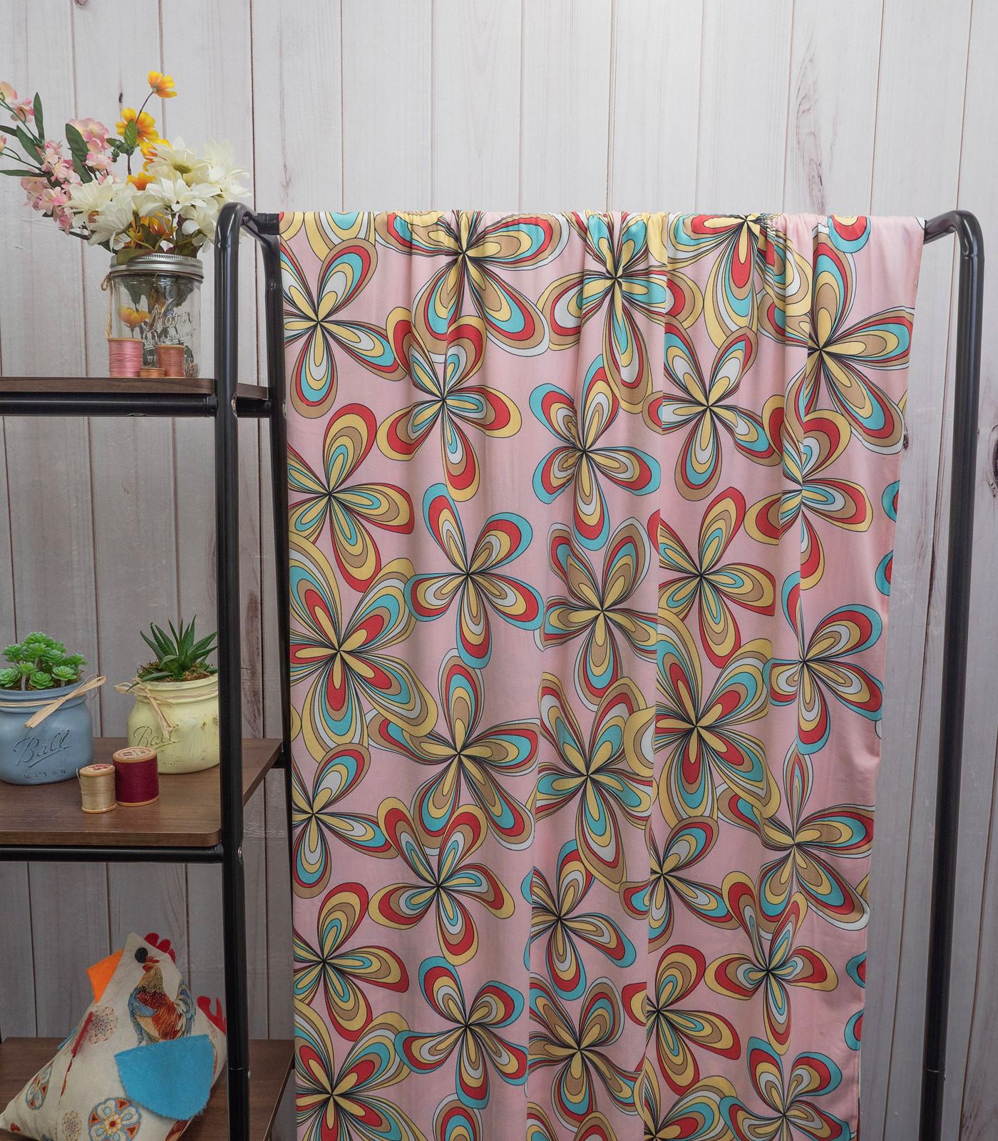 Dusty Rose/Blue/Yellow Tropical Double Brushed Poly Fabric