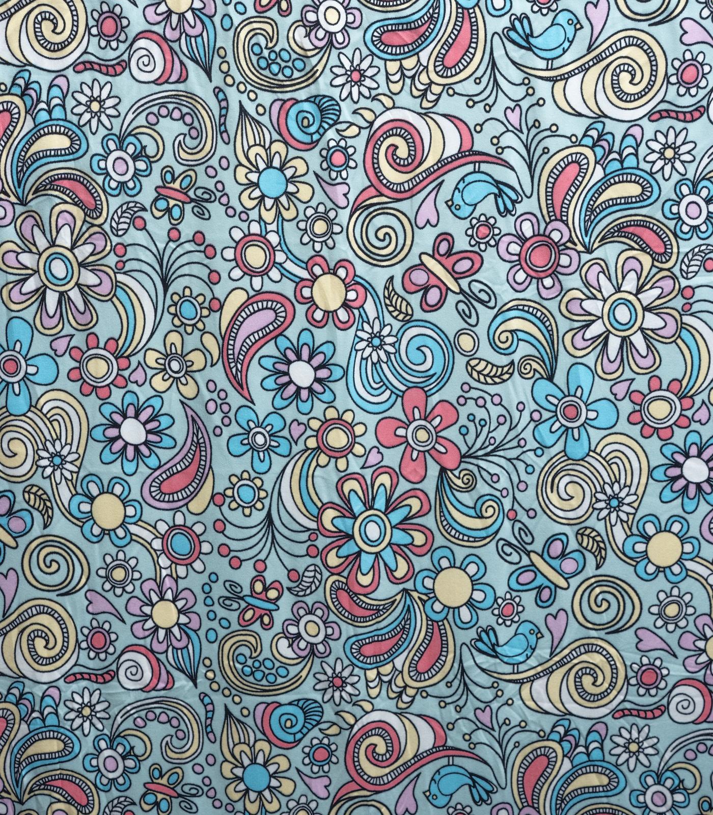 Baby Blue/Baby Pink/Yellow Retro/Floral Double Brushed Poly Fabric