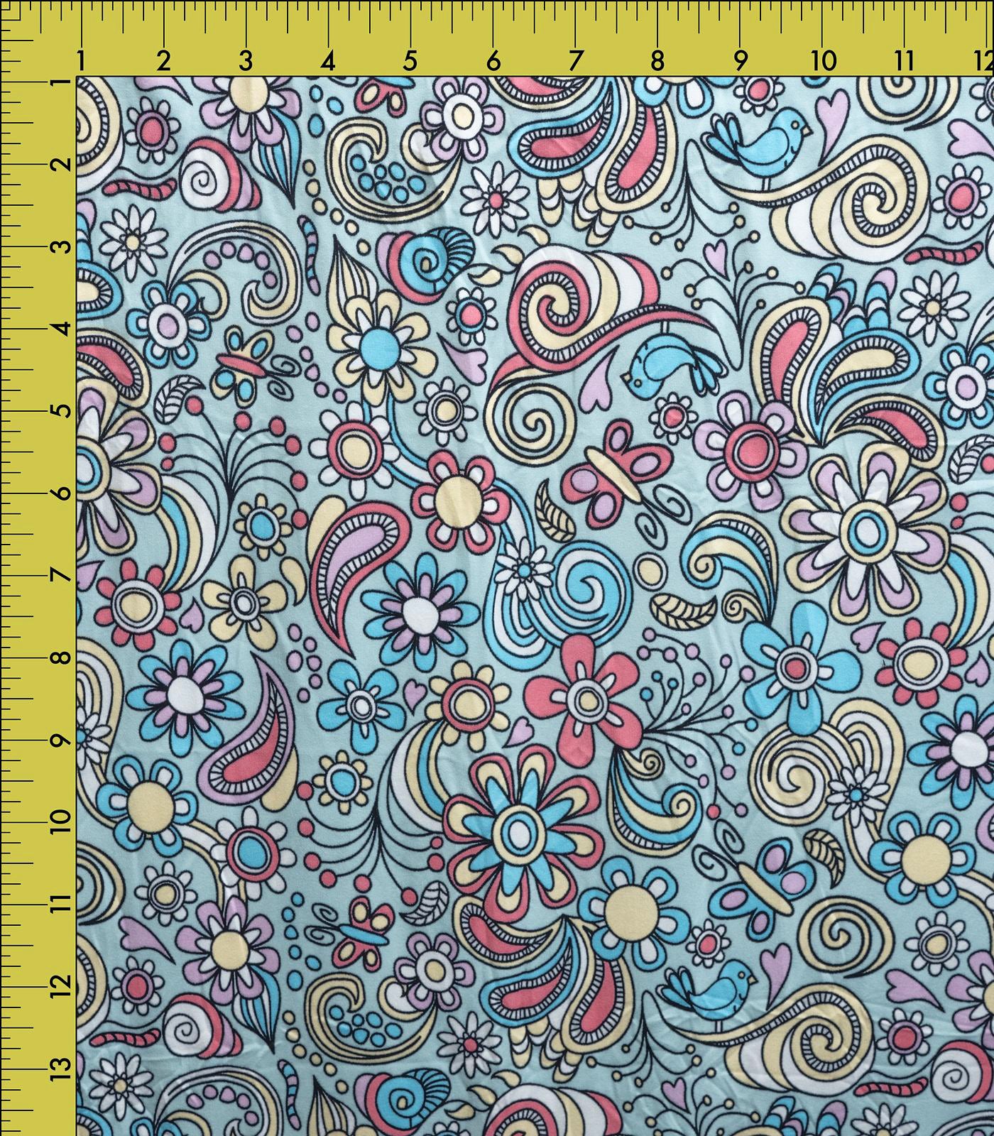 Baby Blue/Baby Pink/Yellow Retro/Floral Double Brushed Poly Fabric