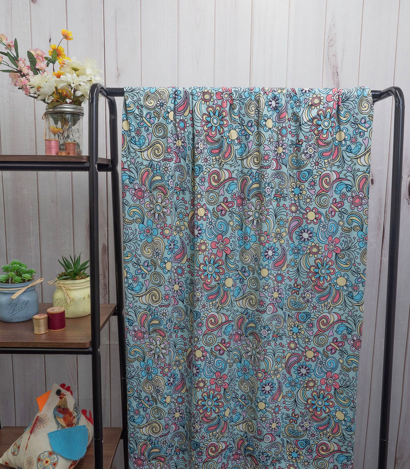 Baby Blue/Baby Pink/Yellow Retro/Floral Double Brushed Poly Fabric