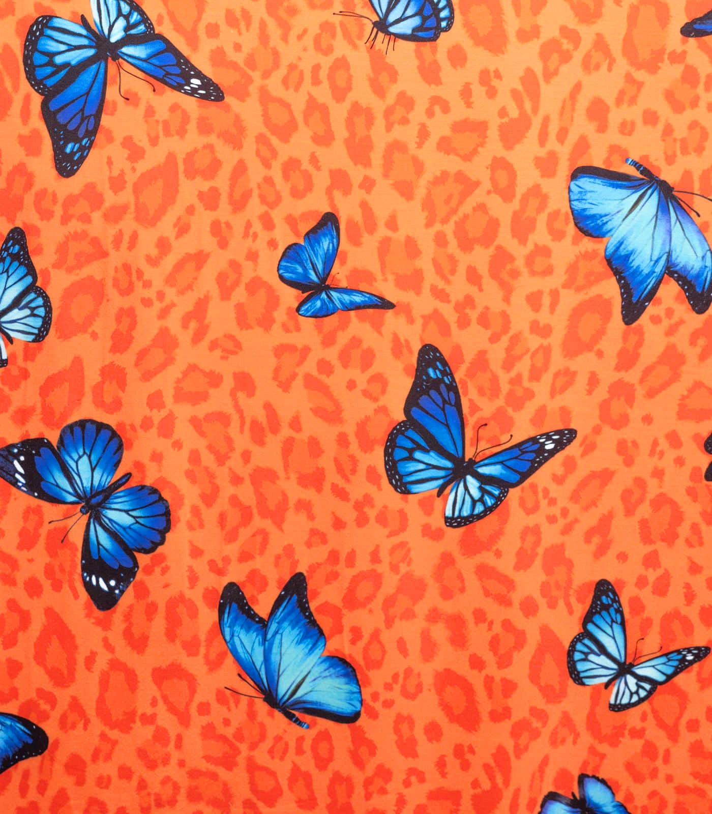 Orange/Blue/Baby Blue Cheetah/Butterflies Double Brushed Poly Fabric