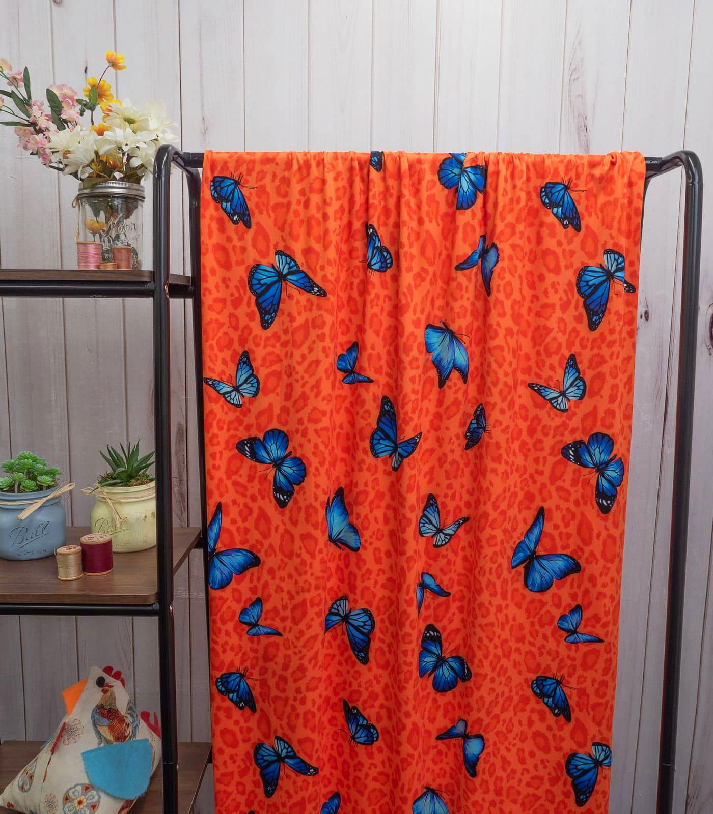 Orange/Blue/Baby Blue Cheetah/Butterflies Double Brushed Poly Fabric