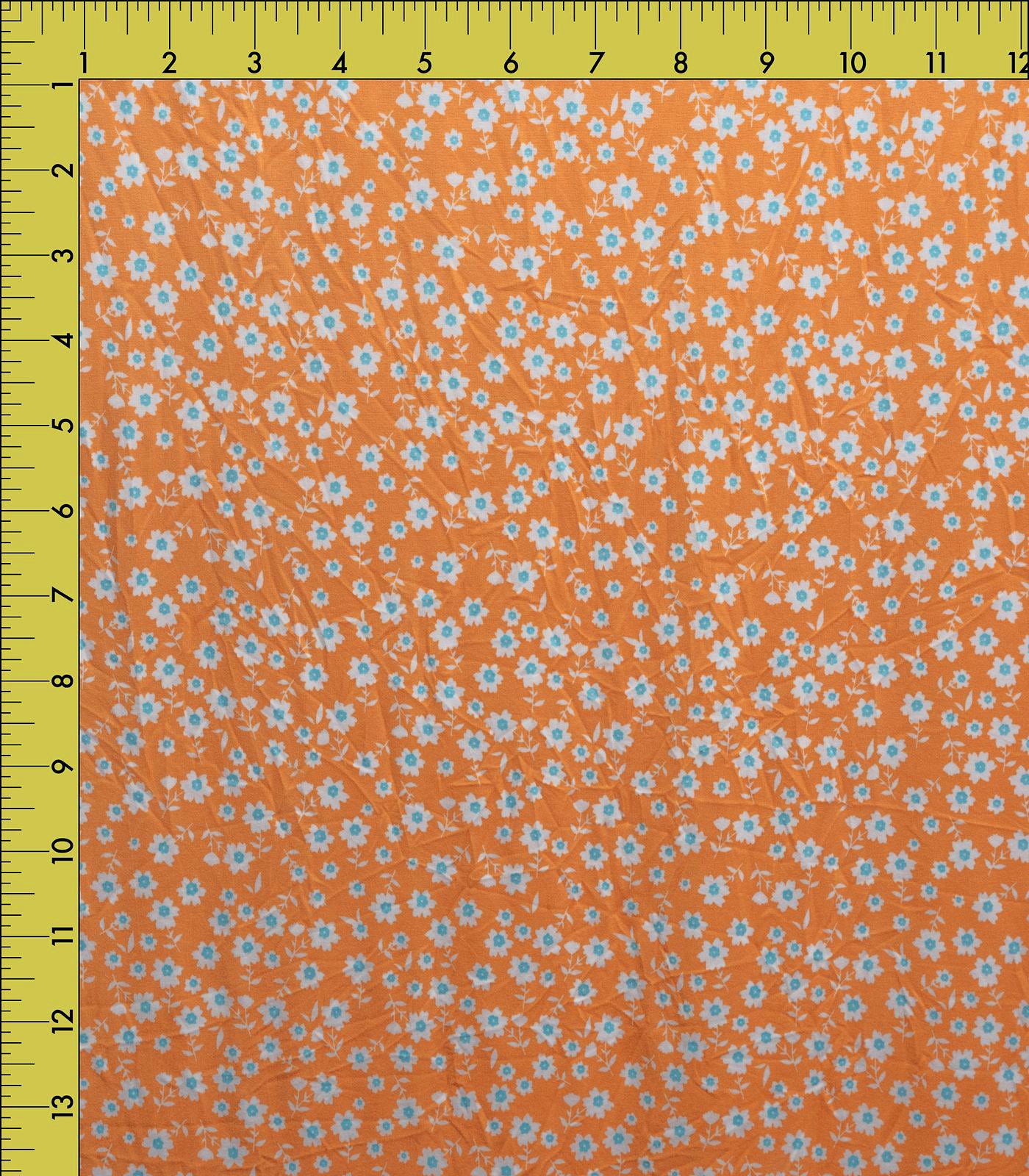Orange/White/Blue Flowers Double Brushed Poly Fabric