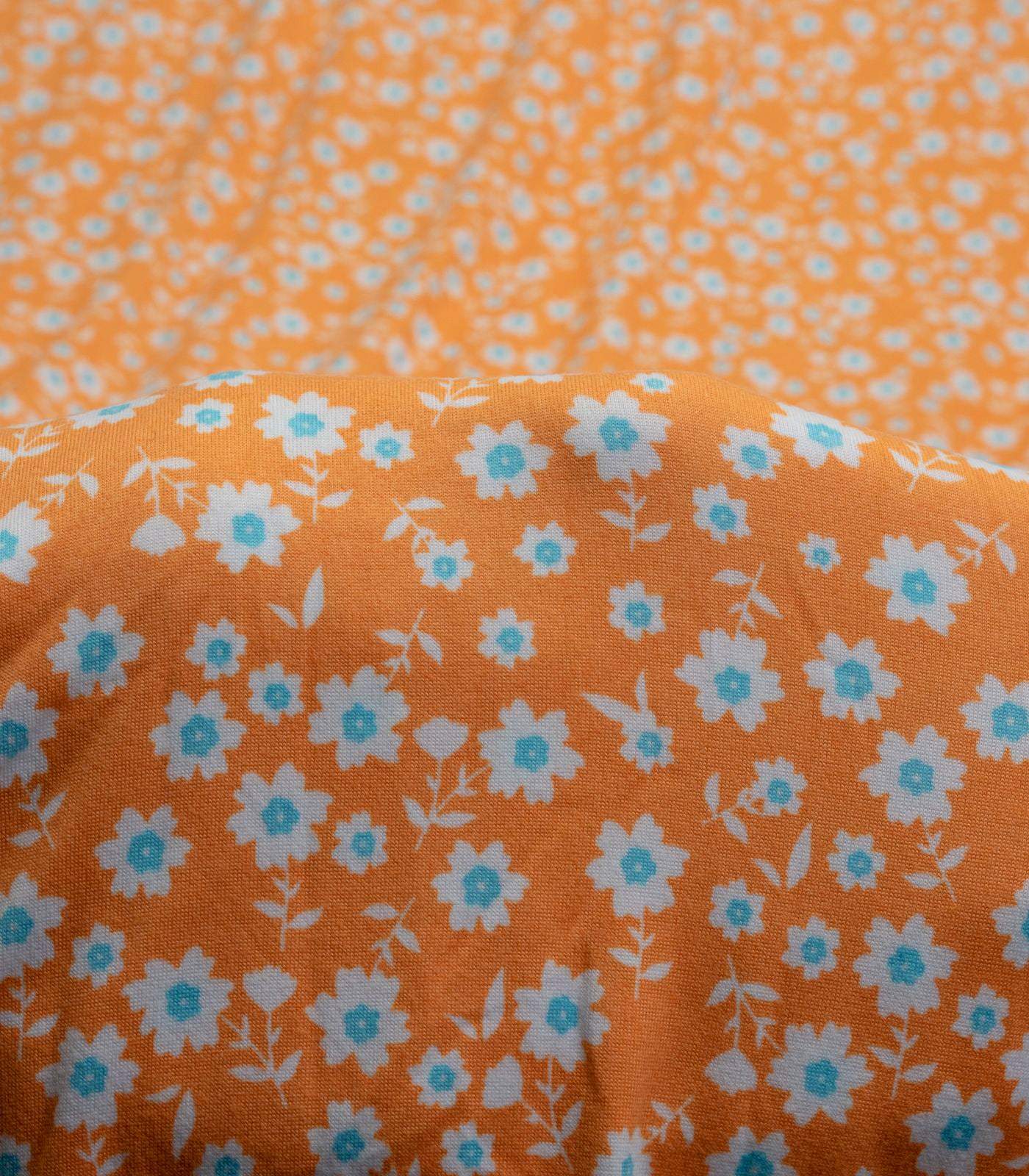 Orange/White/Blue Flowers Double Brushed Poly Fabric