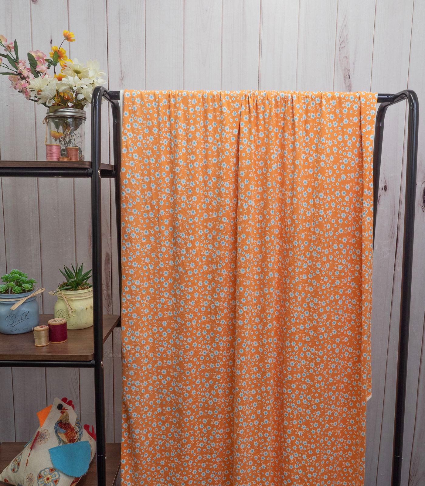 Orange/White/Blue Flowers Double Brushed Poly Fabric