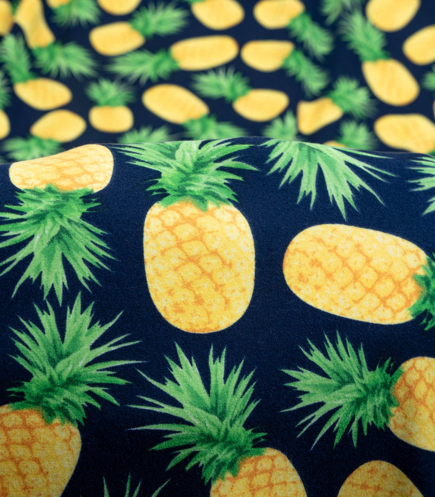 Navy/Yellow/Green Pineapples Double Brushed Poly Fabric