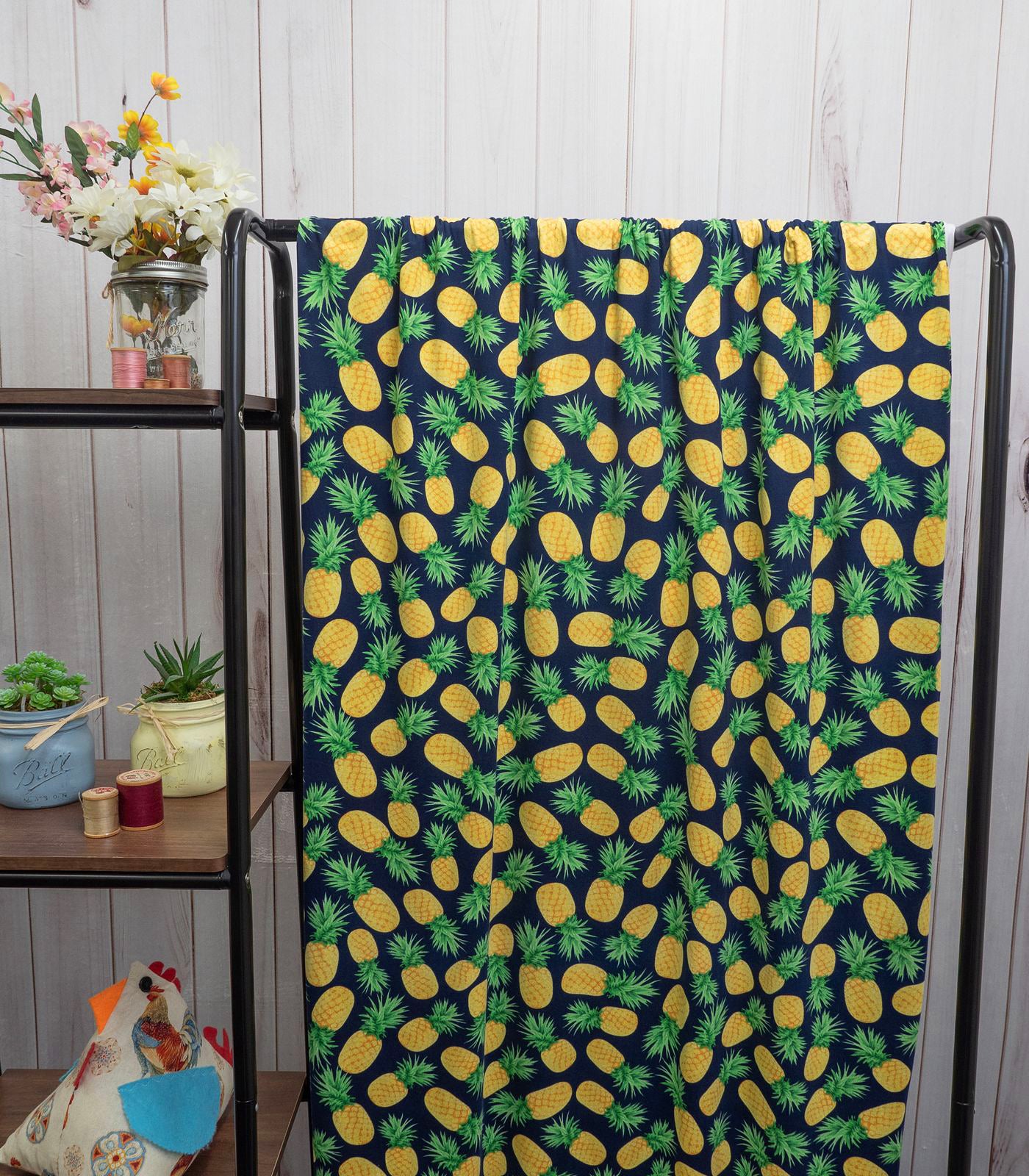 Navy/Yellow/Green Pineapples Double Brushed Poly Fabric