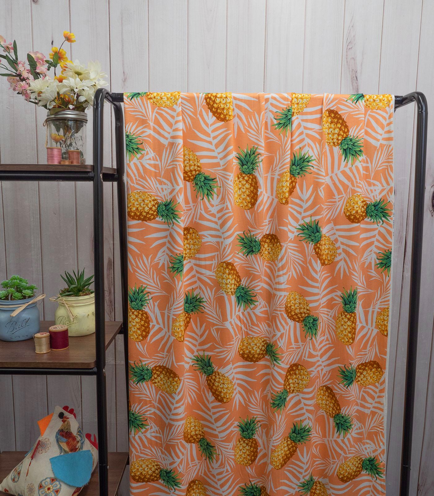 Peach/White/Yellow Pineapples Double Brushed Poly Fabric