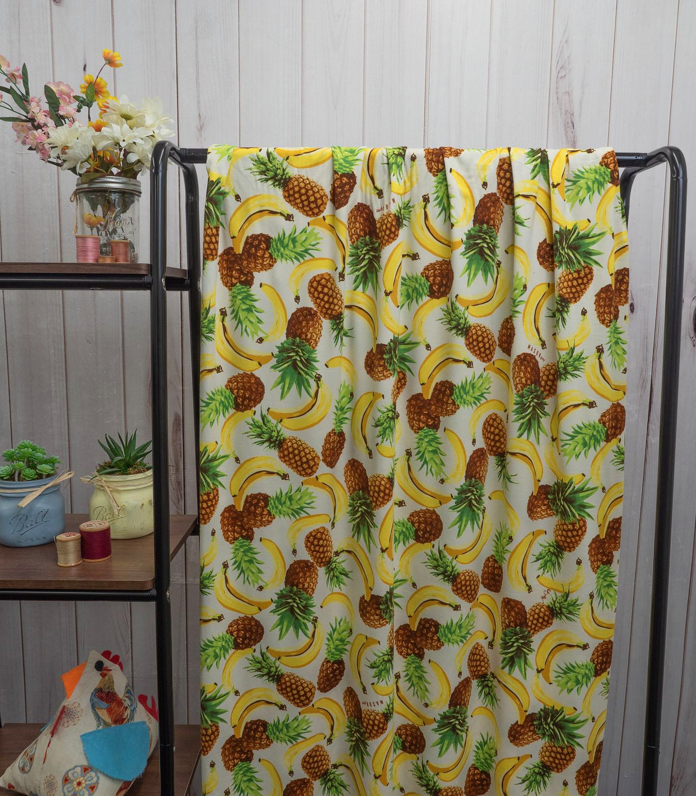 Cream/Yellow/Green Bananas/Pineapples Double Brushed Poly Fabric