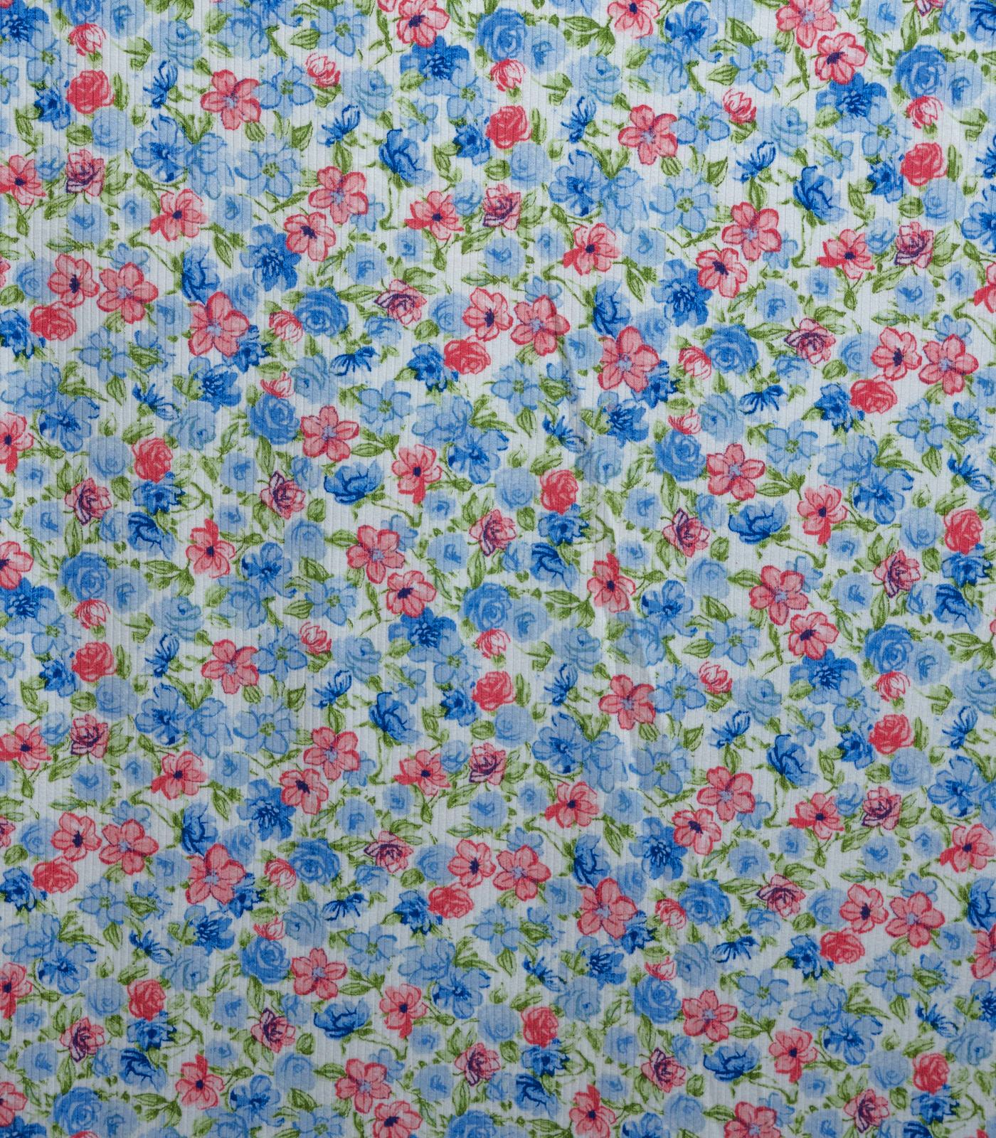 Aqua/Rose/Blue Ditsy Floral Ribbed Knit (4x2) Fabric