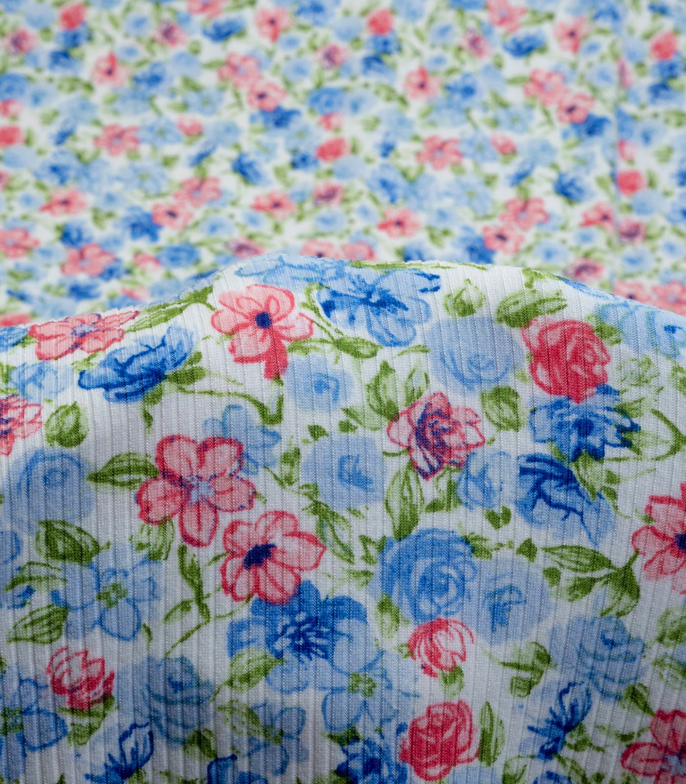 Aqua/Rose/Blue Ditsy Floral Ribbed Knit (4x2) Fabric