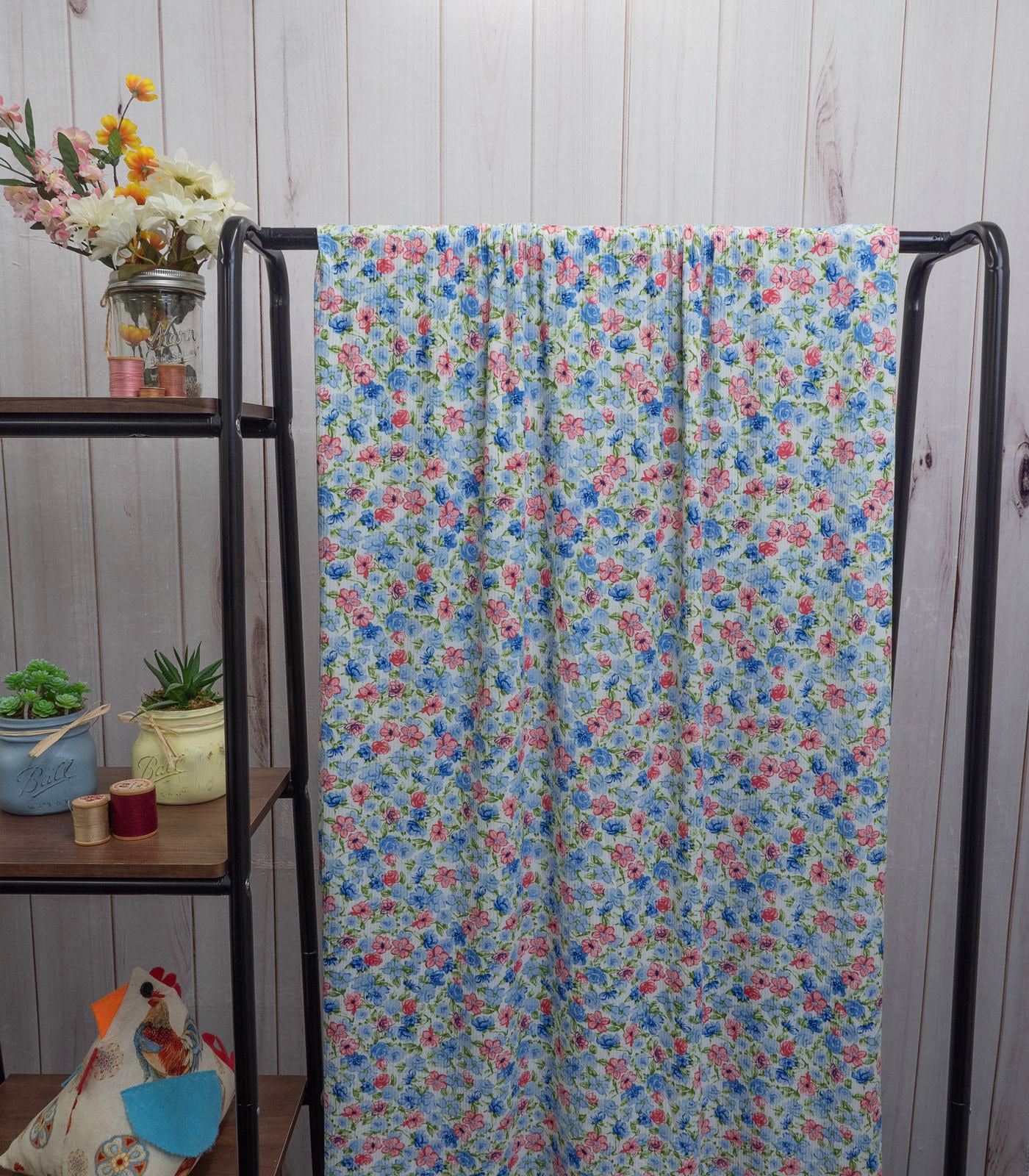 Aqua/Rose/Blue Ditsy Floral Ribbed Knit (4x2) Fabric