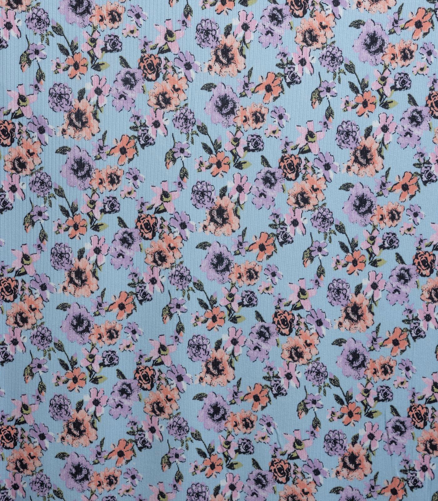 Baby Blue/Lilac/Pink Ditsy Floral Ribbed Knit (4x2) Fabric