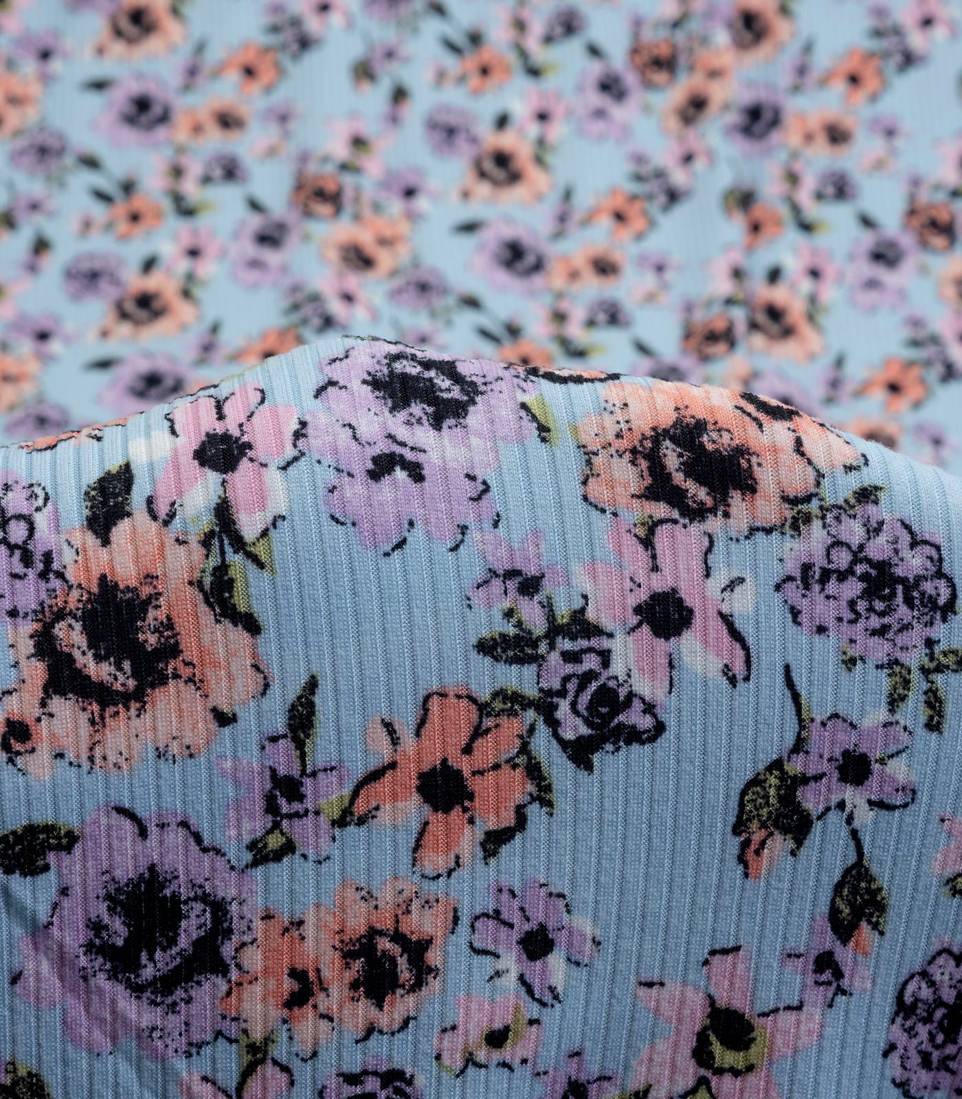 Baby Blue/Lilac/Pink Ditsy Floral Ribbed Knit (4x2) Fabric