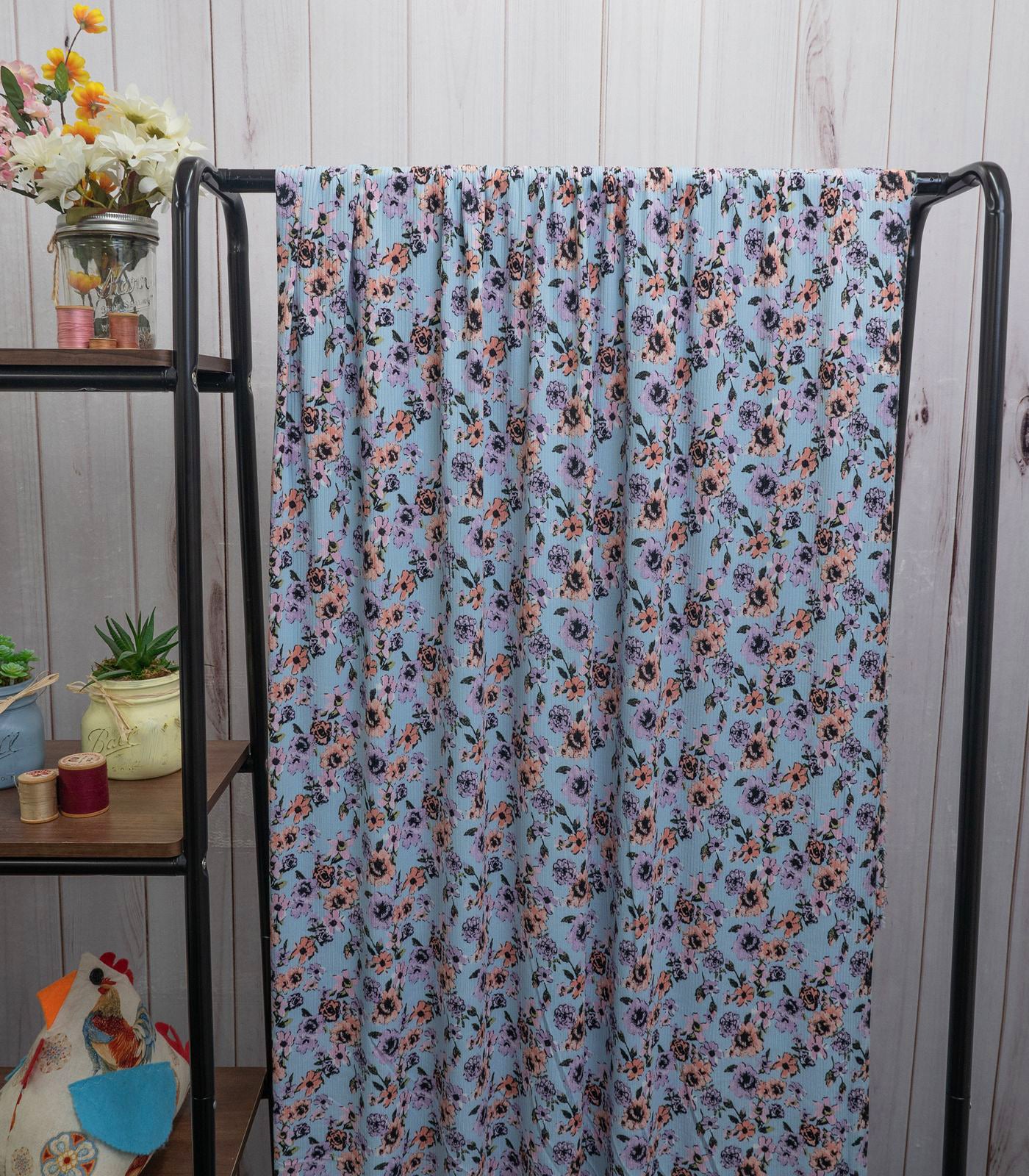 Baby Blue/Lilac/Pink Ditsy Floral Ribbed Knit (4x2) Fabric