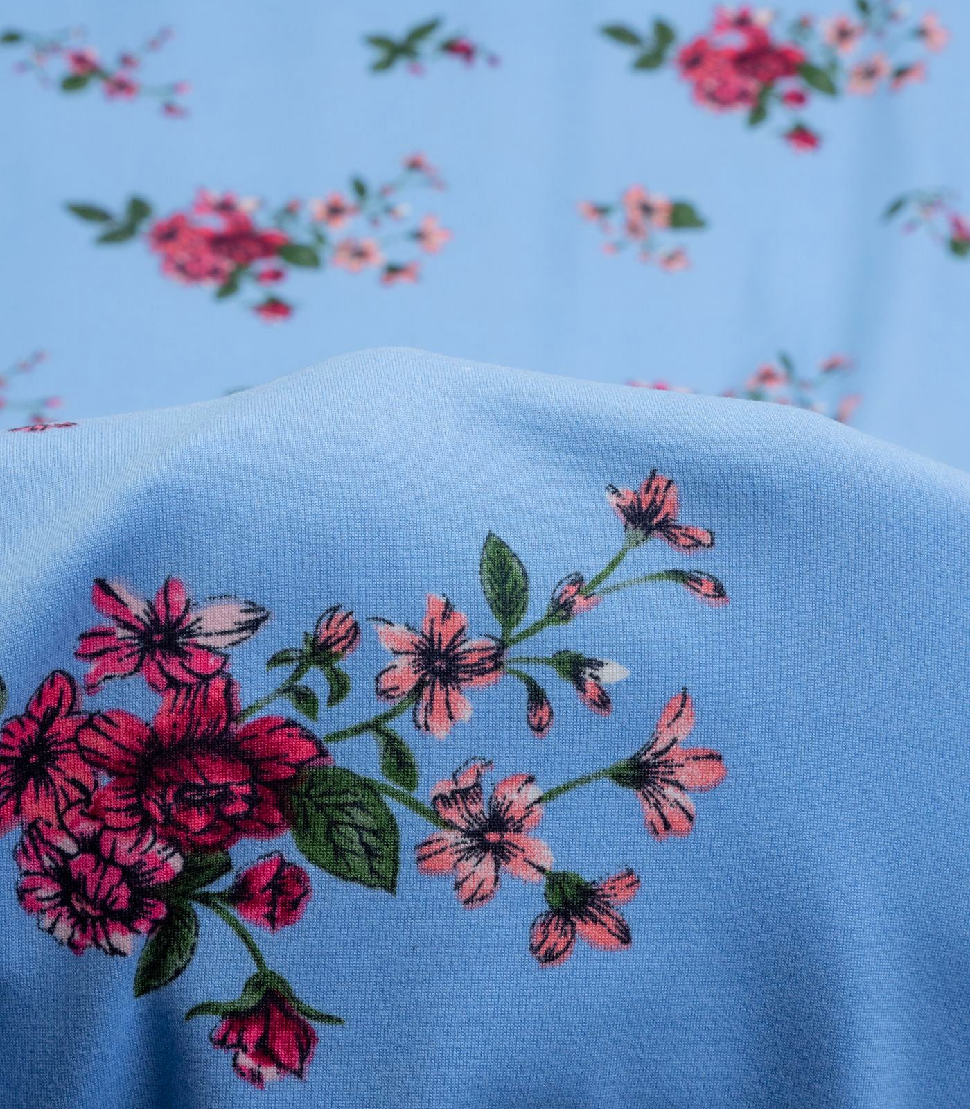 Sky Blue/Hot Pink/Forest Green Floral Double Brushed Poly Fabric