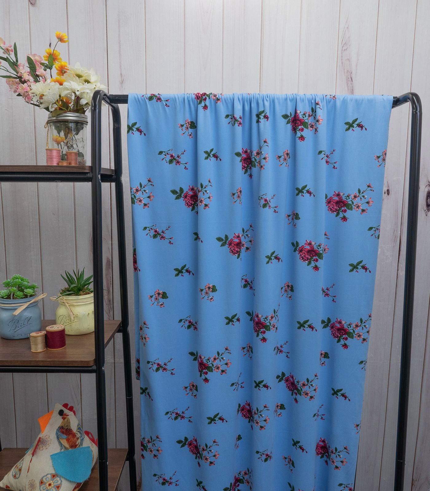 Sky Blue/Hot Pink/Forest Green Floral Double Brushed Poly Fabric