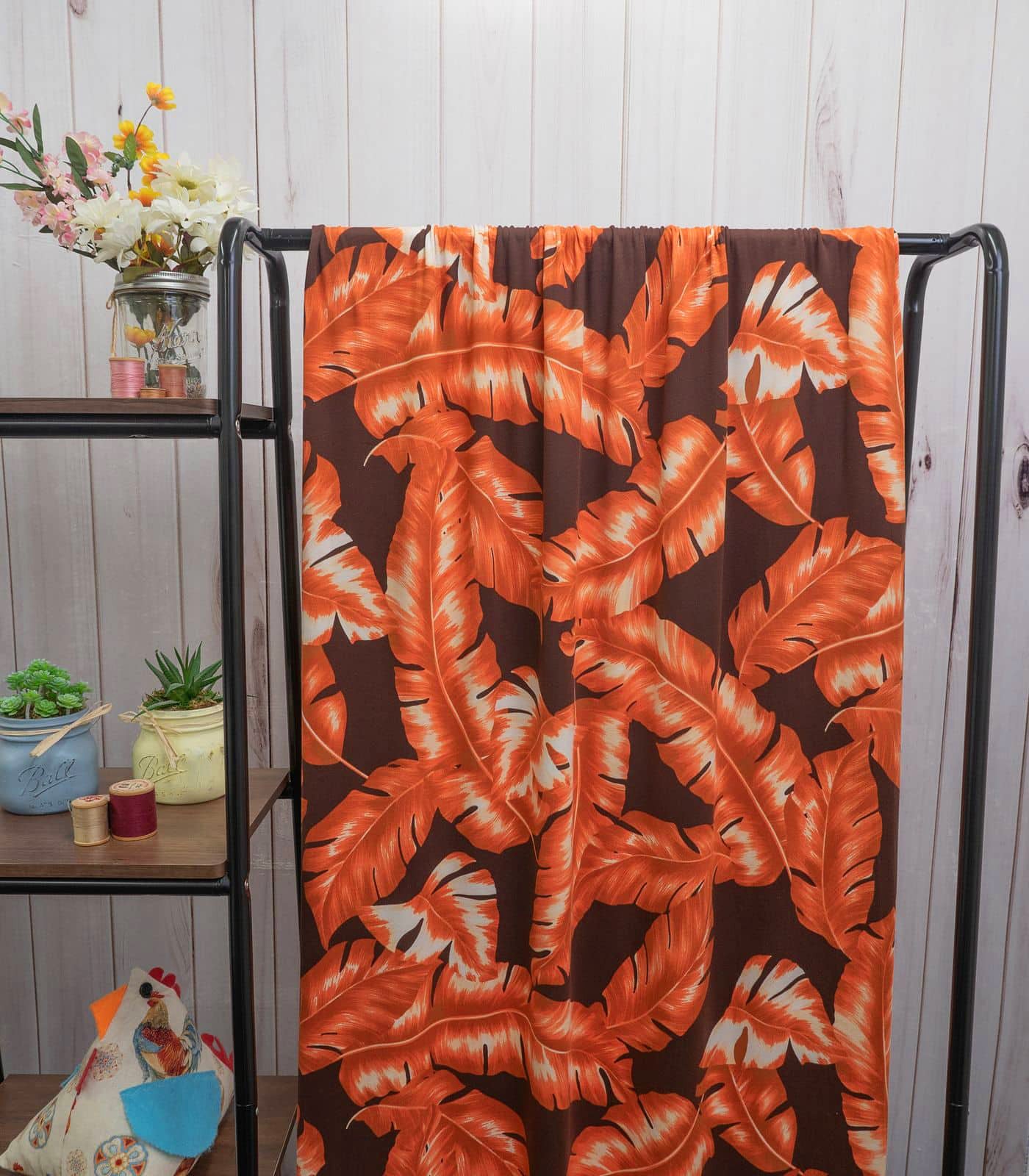 Brown/Orange/Beige Tropical/Palm Leaves Double Brushed Poly Fabric