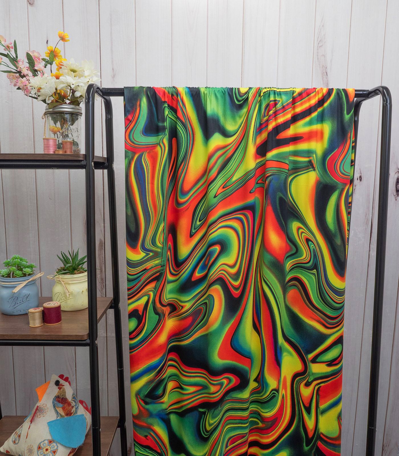 Black/Green/Orange Abstract/Swirls Double Brushed Poly Fabric
