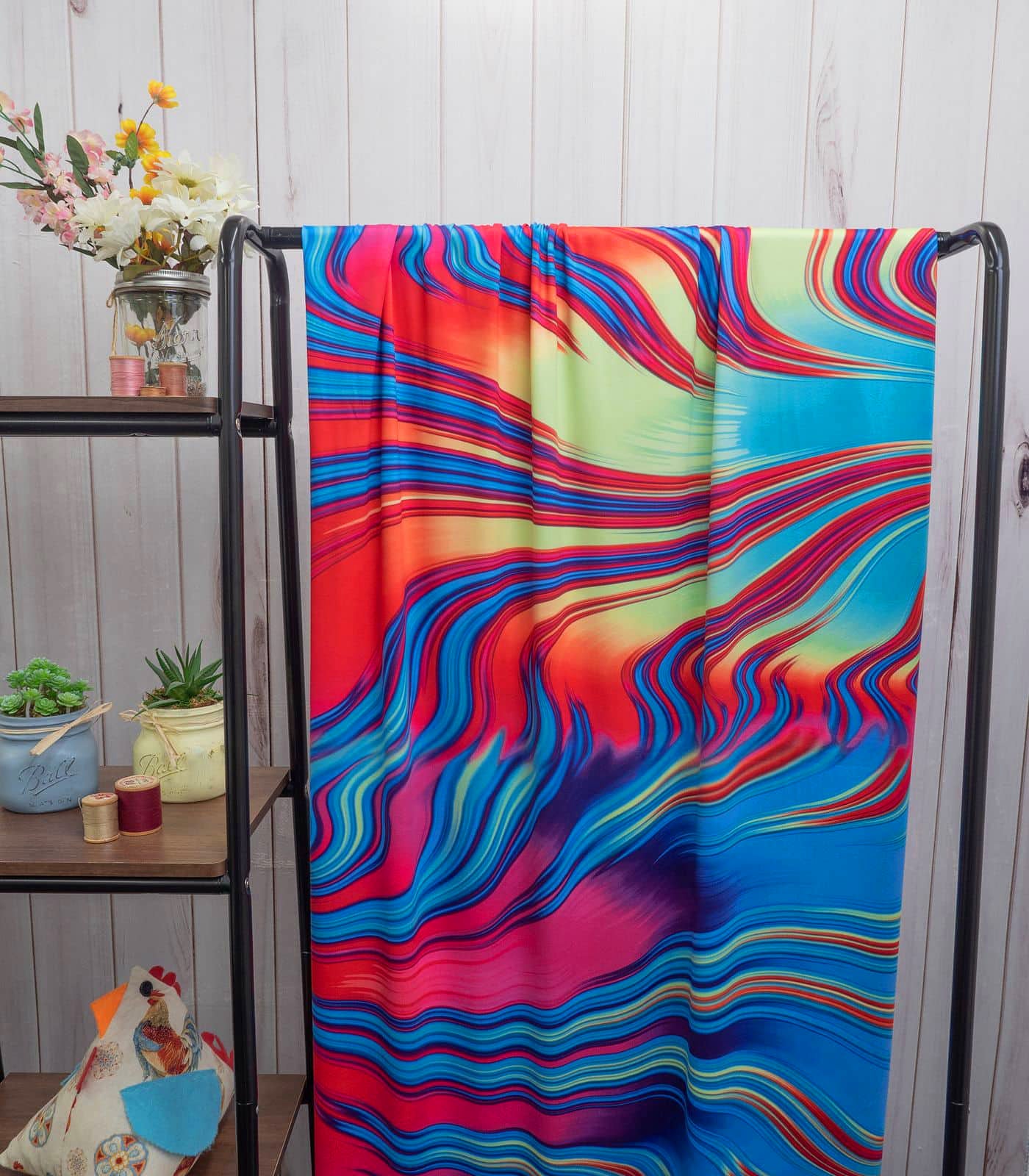 Red/Blue/Baby Pink Abstract/Swirls Double Brushed Poly Fabric