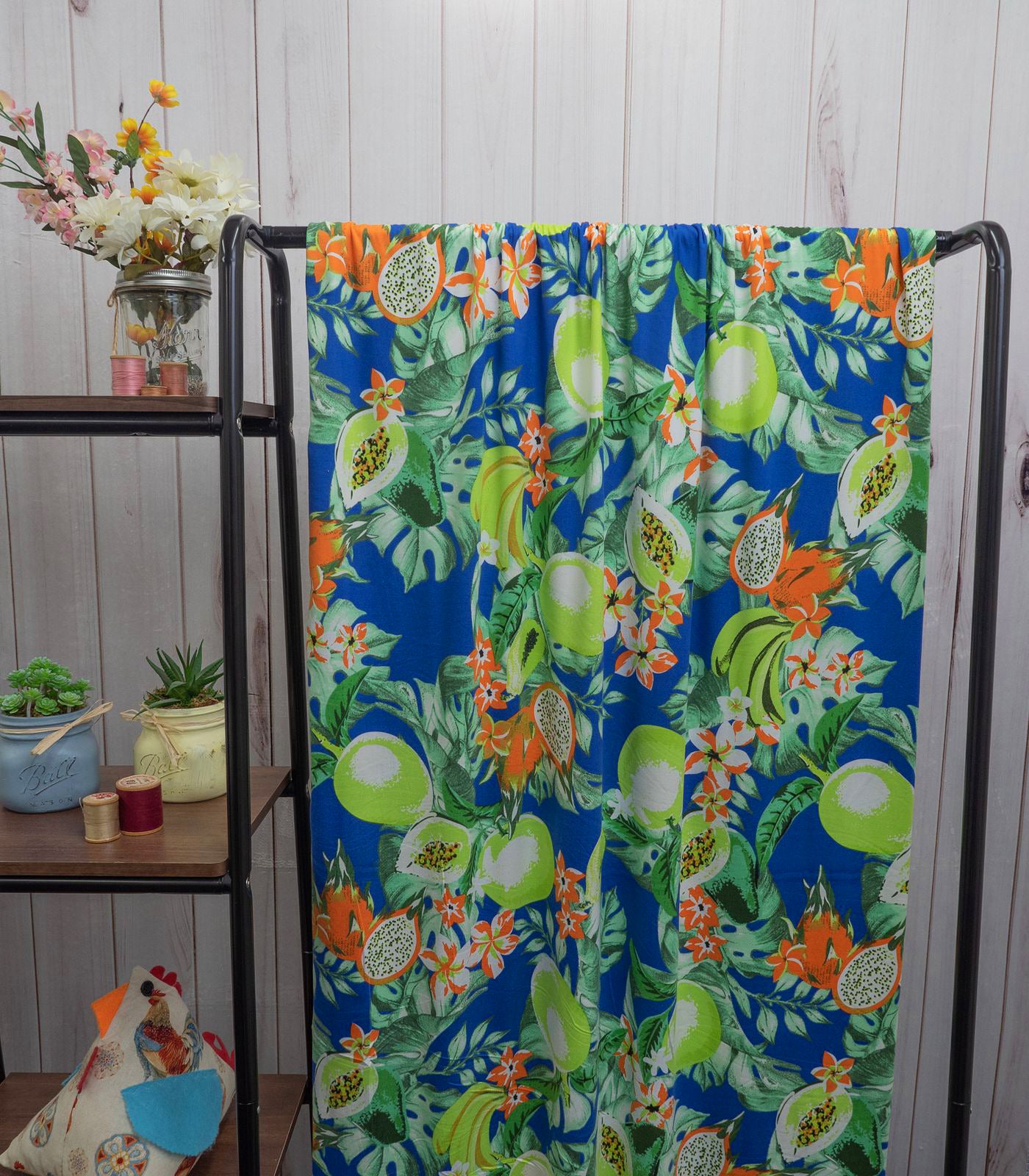 Royal Blue/Lime Green/Orange Tropical/Fruits Double Brushed Poly Fabric