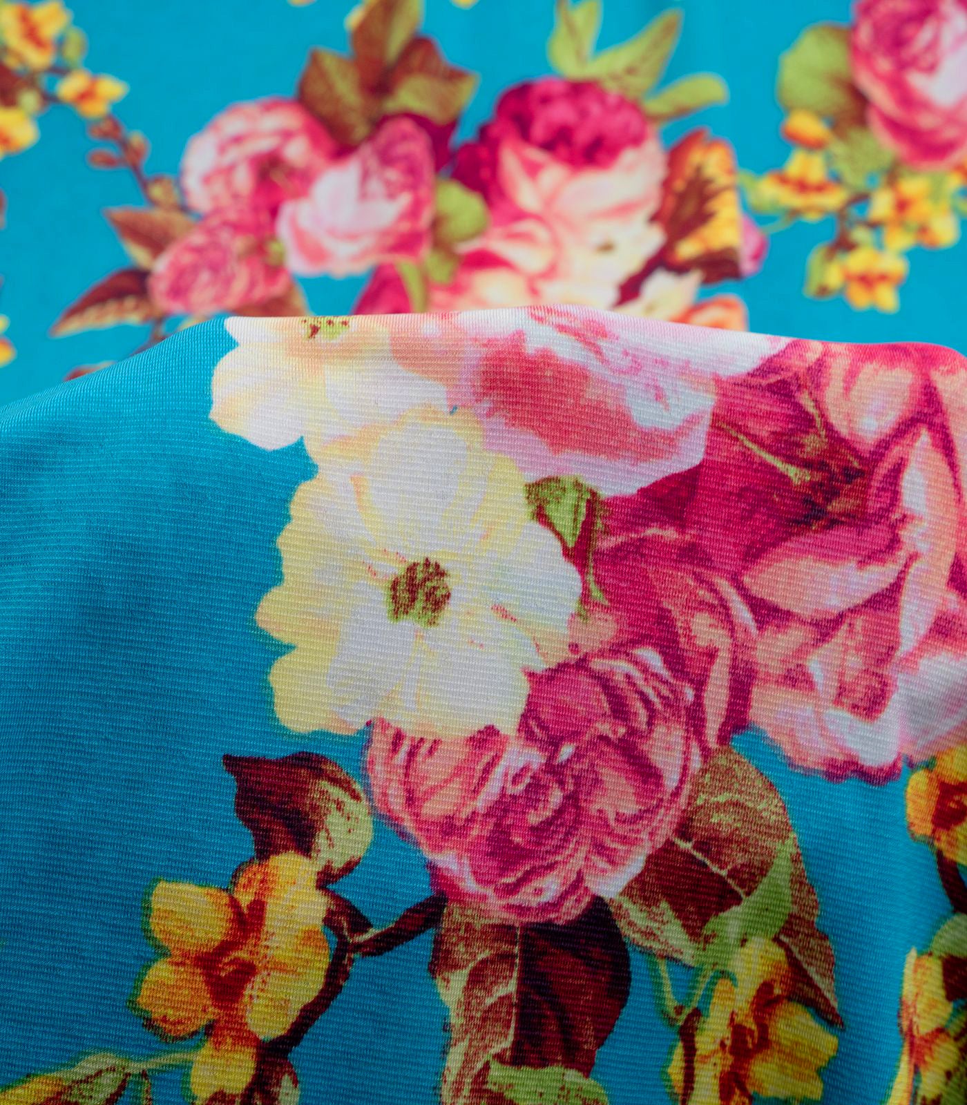 Aqua/Burgundy/Yellow Floral ITY Fabric