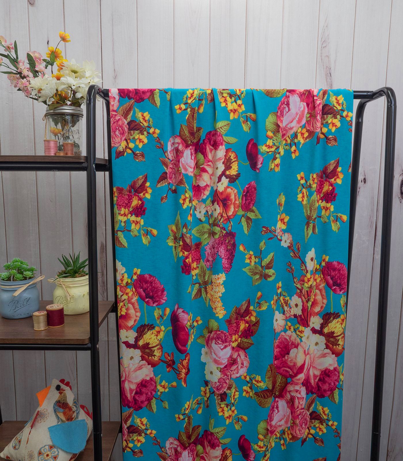 Aqua/Burgundy/Yellow Floral ITY Fabric