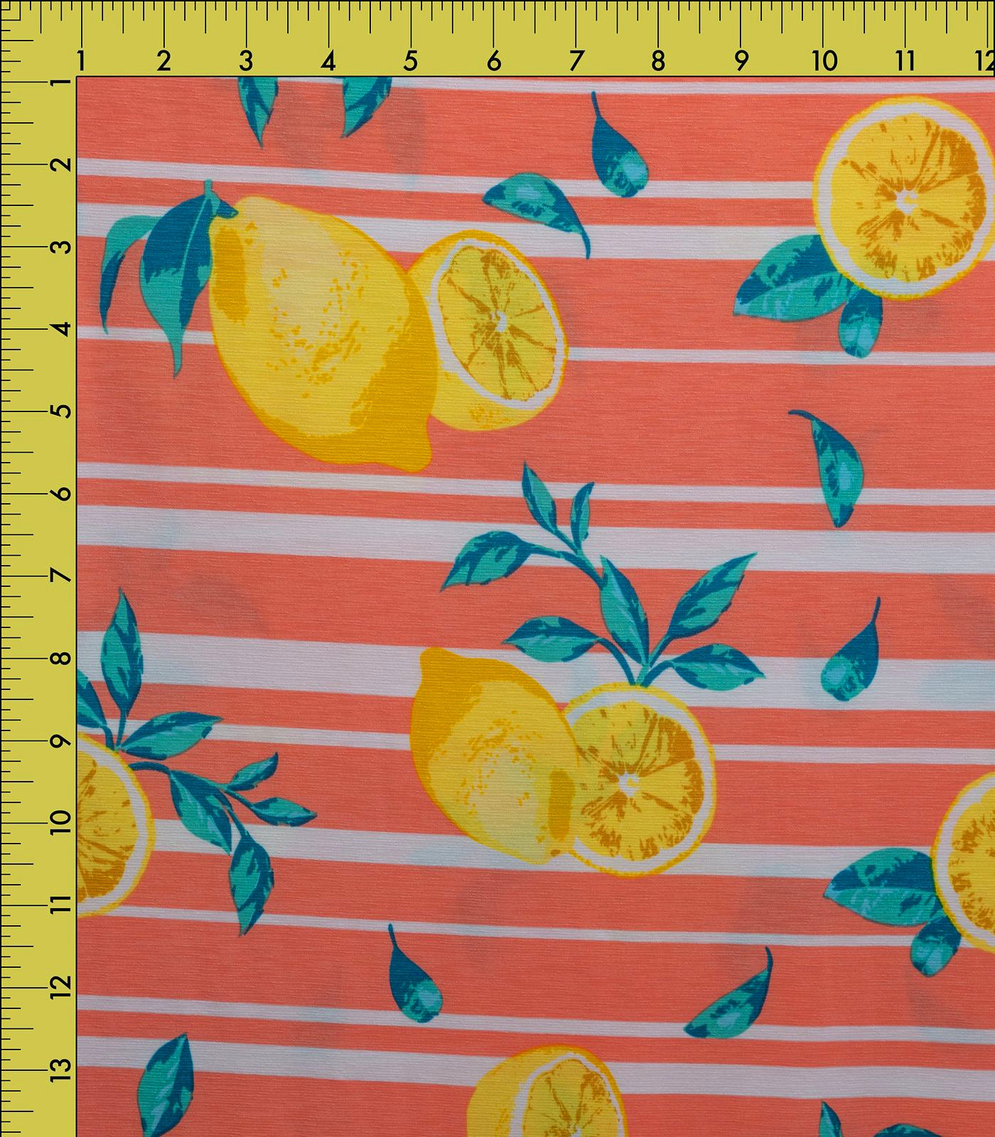 Coral/Yellow/Teal Striped/Lemons ITY Fabric