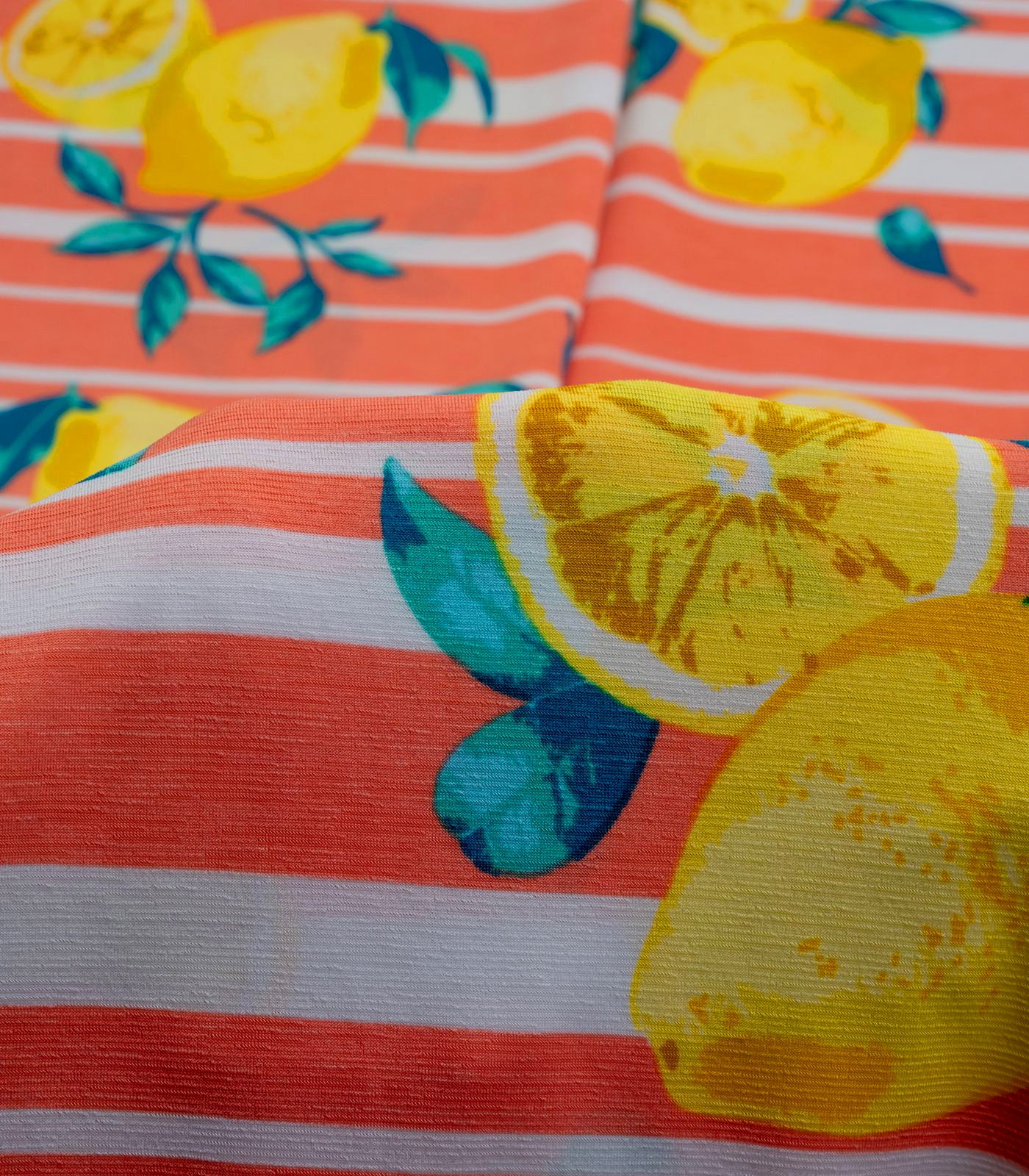 Coral/Yellow/Teal Striped/Lemons ITY Fabric