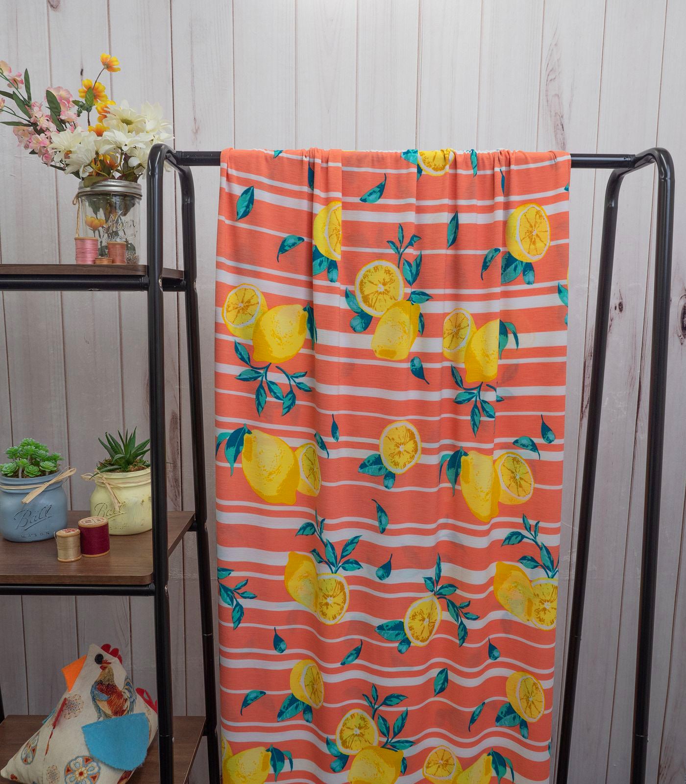 Coral/Yellow/Teal Striped/Lemons ITY Fabric