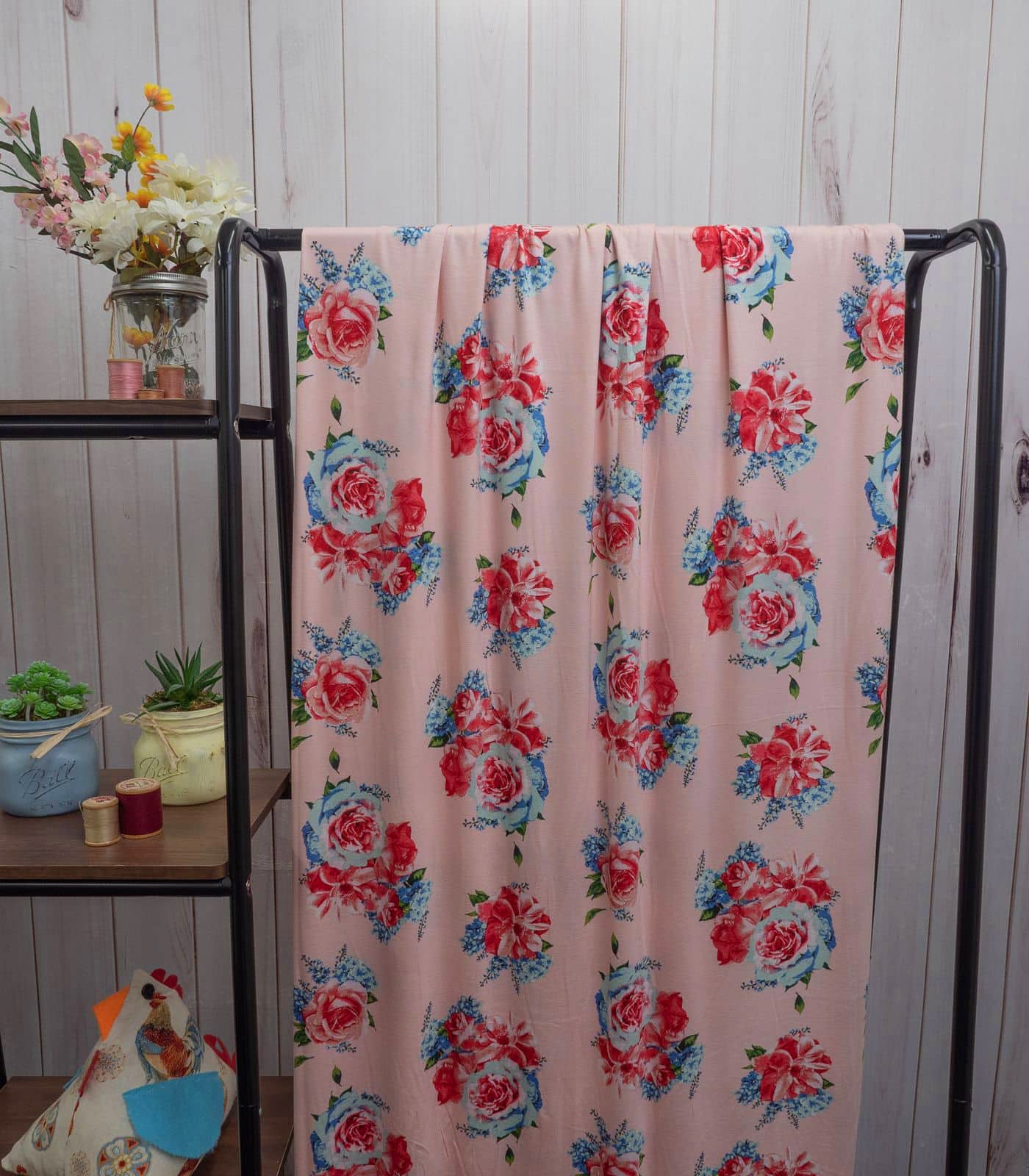 Dusty Pink/Magenta/Blue Floral Rayon Spandex Fabric