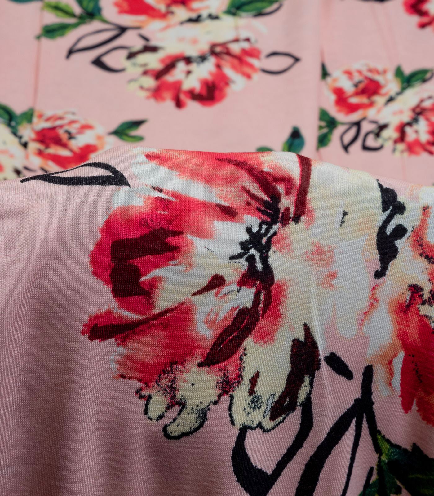 Dusty Pink/Red/Green Floral Rayon Spandex Fabric