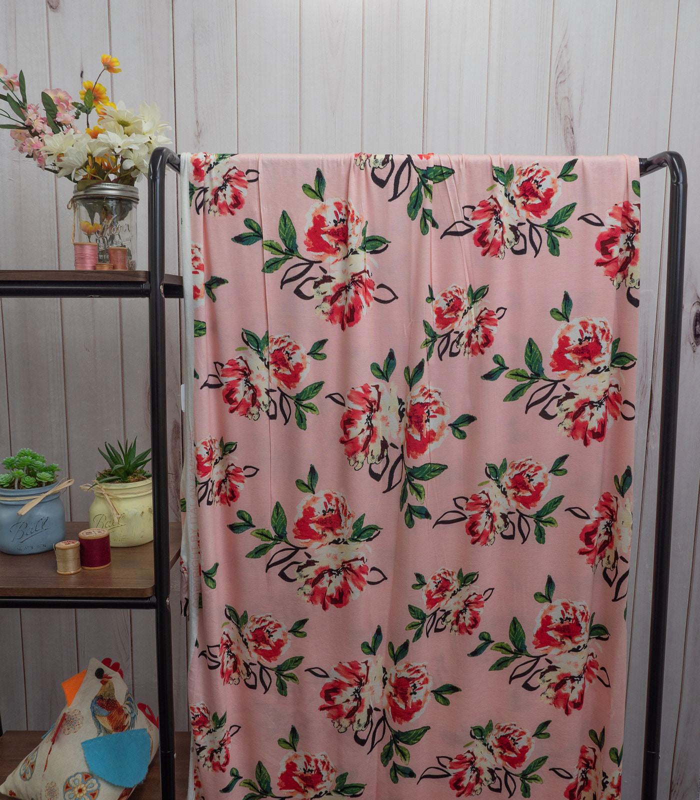 Dusty Pink/Red/Green Floral Rayon Spandex Fabric