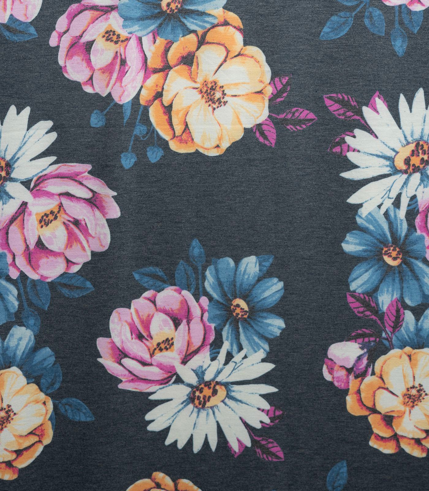 Heathered Charcoal/Hot Pink/Blue Flowers French Terry Fabric