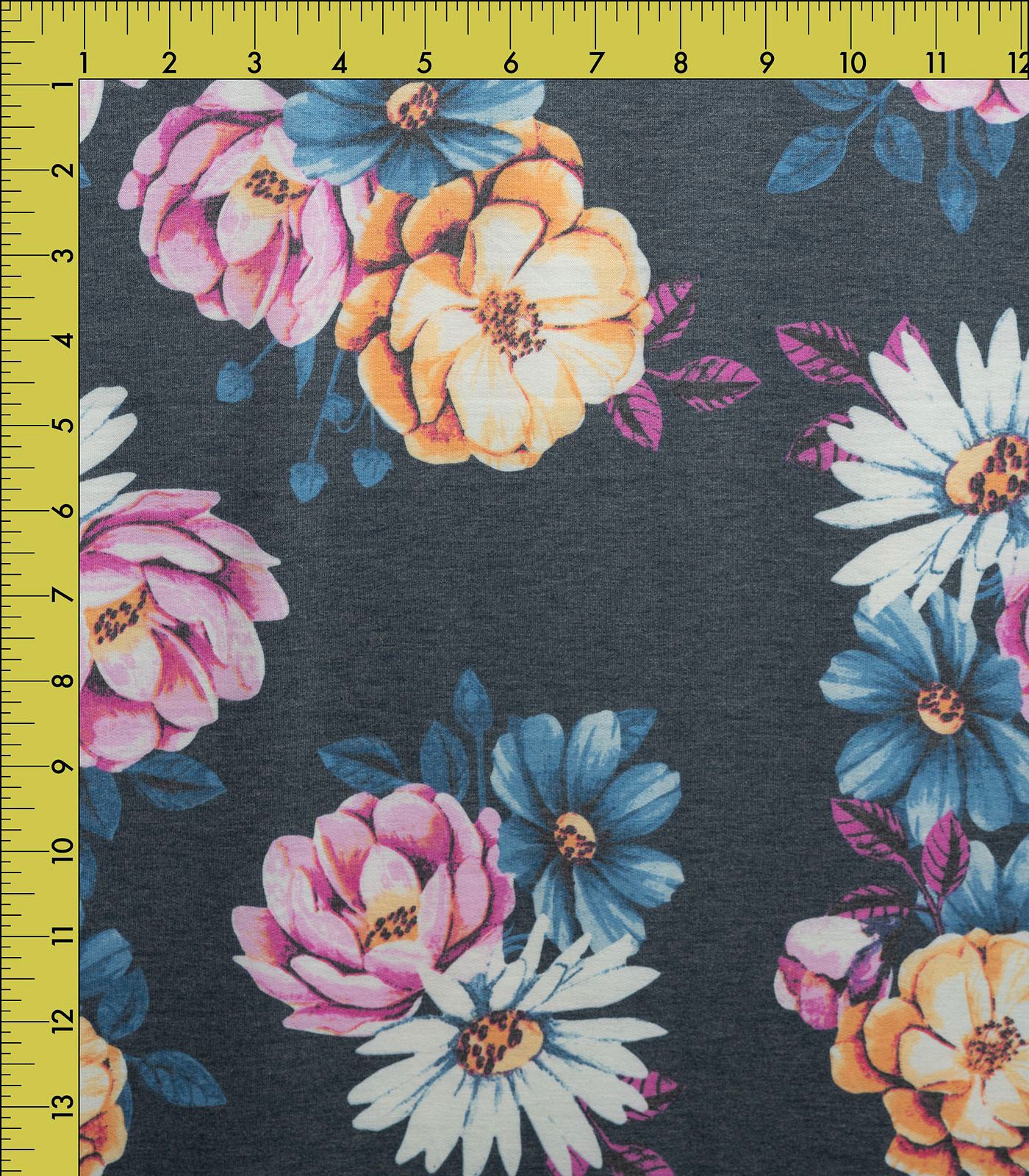 Heathered Charcoal/Hot Pink/Blue Flowers French Terry Fabric