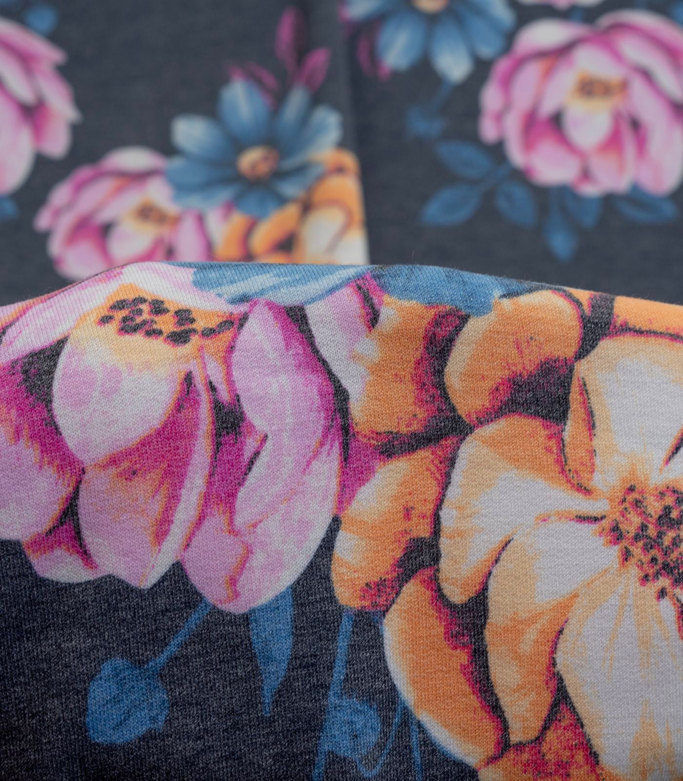 Heathered Charcoal/Hot Pink/Blue Flowers French Terry Fabric