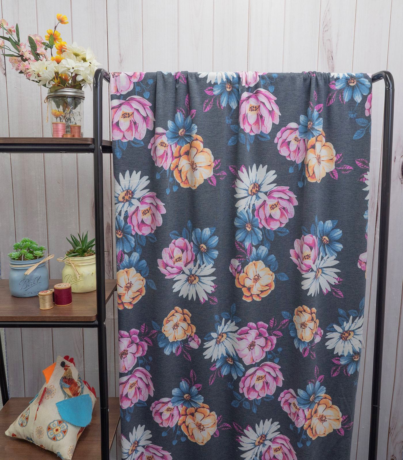 Heathered Charcoal/Hot Pink/Blue Flowers French Terry Fabric
