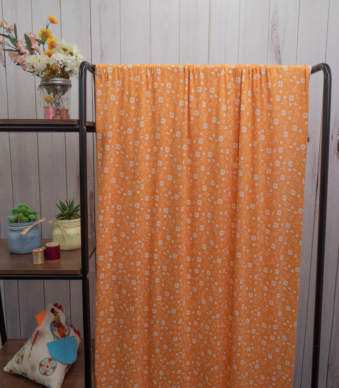 Orange/White Ditsy Floral/Small Floral Double Brushed Poly Fabric