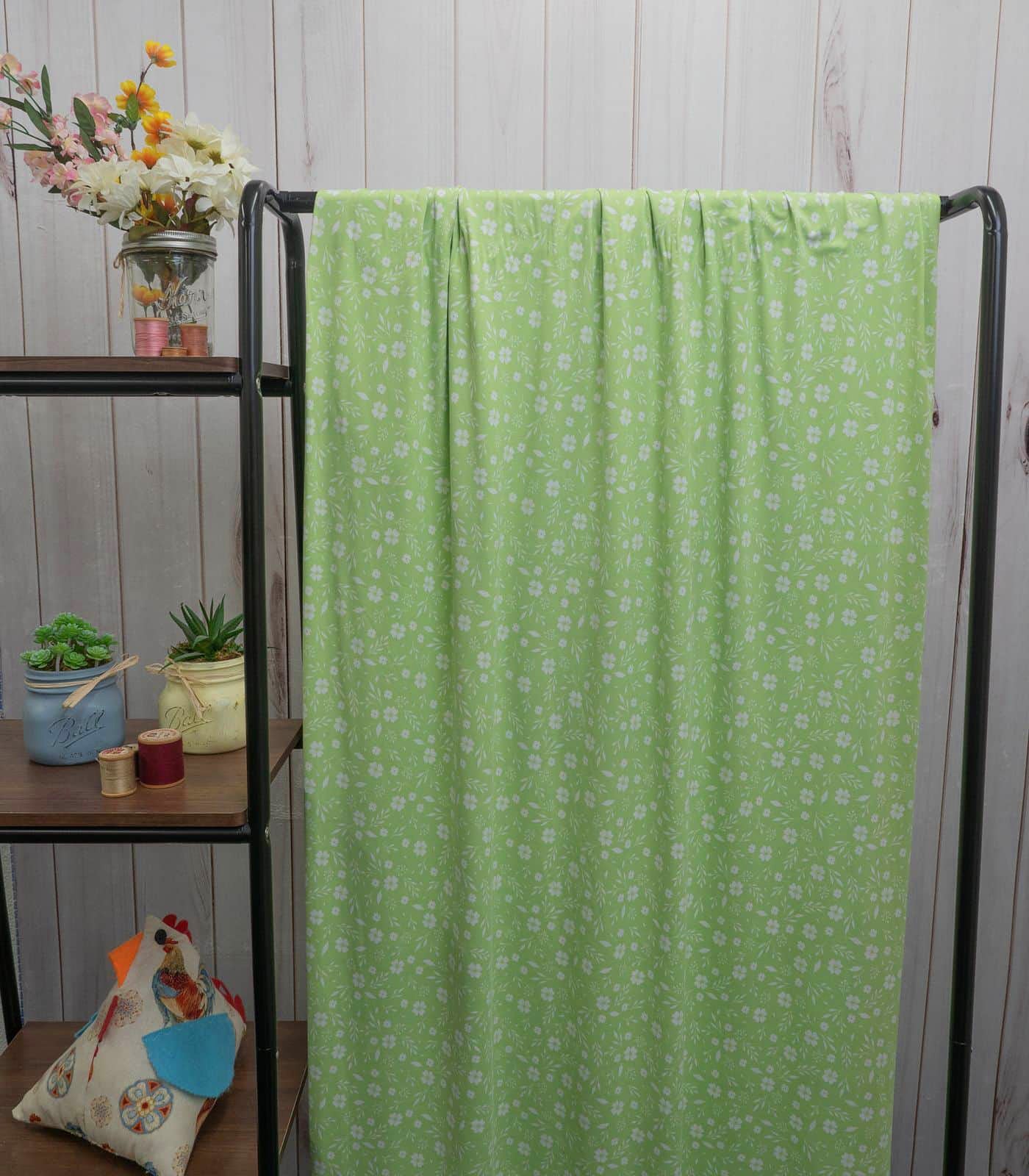 Mint/White/Green Ditsy Floral/Small Floral Double Brushed Poly Fabric