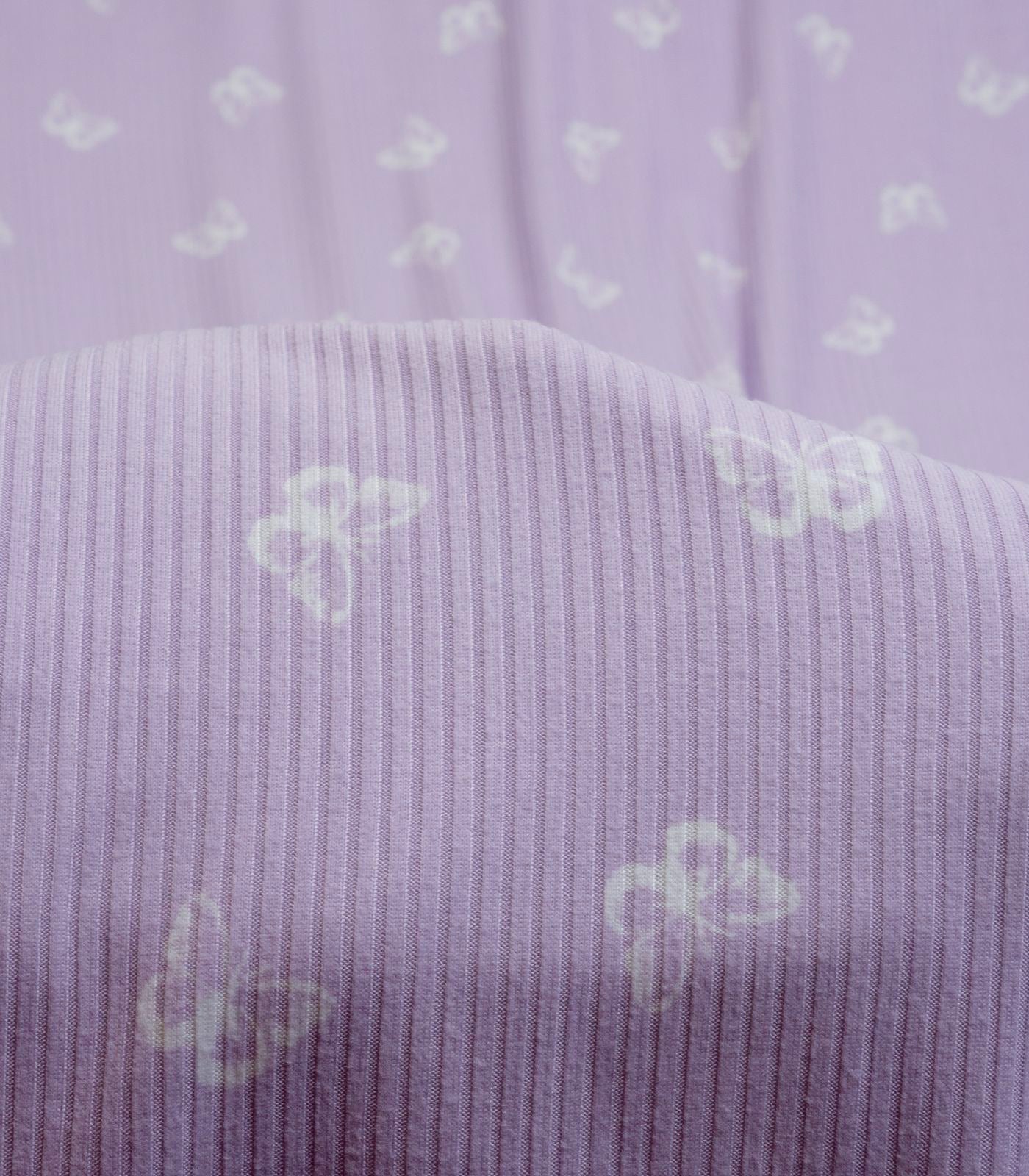 Lilac/White Butterflies Ribbed Knit (4x2) Fabric