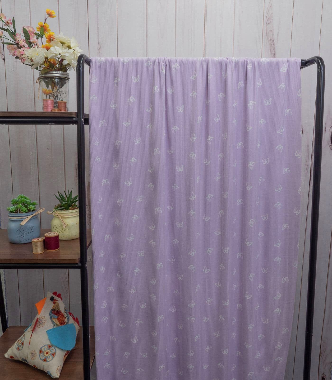 Lilac/White Butterflies Ribbed Knit (4x2) Fabric