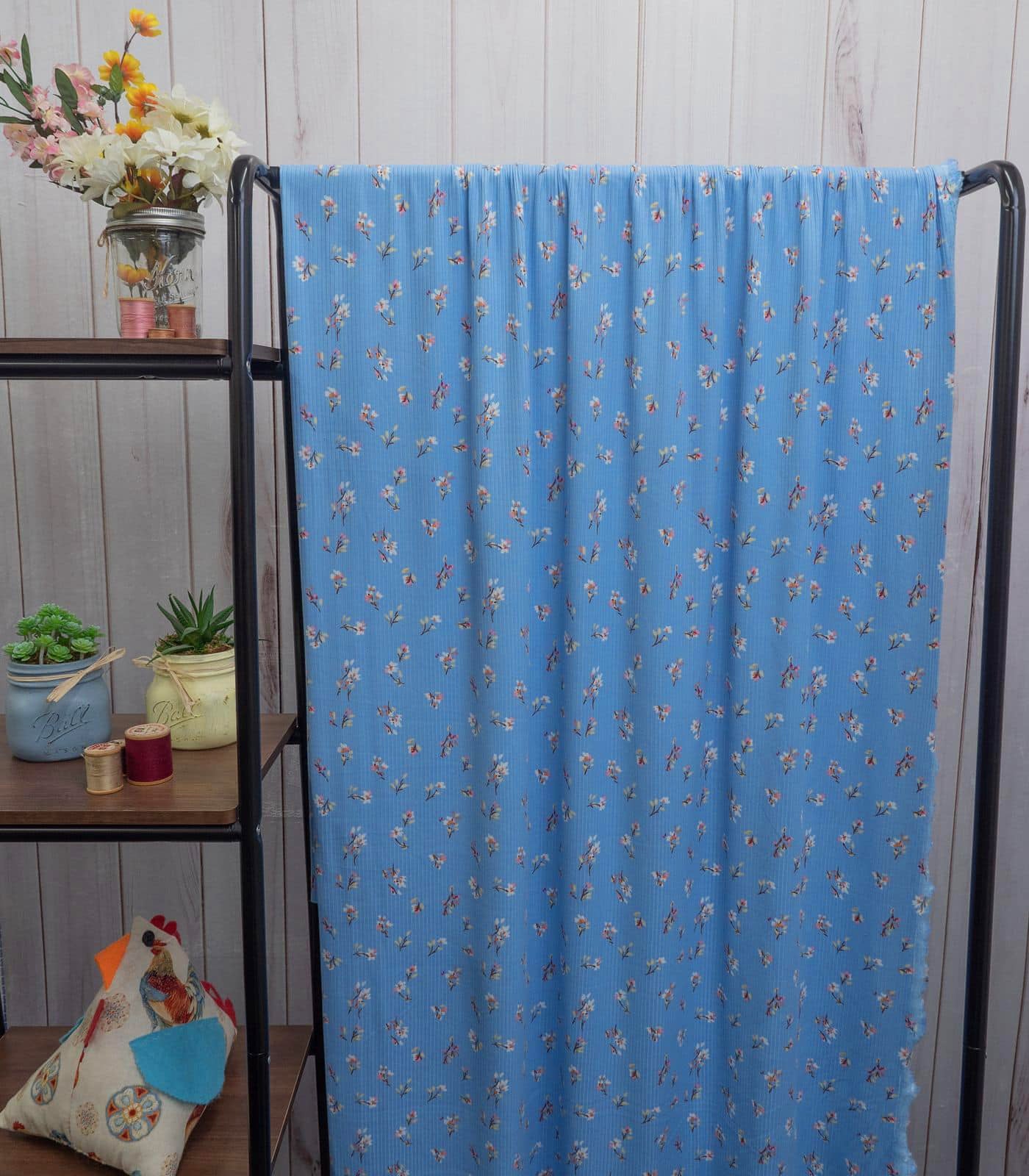 Blue/White Ditsy Floral Ribbed Knit (4x2) Fabric