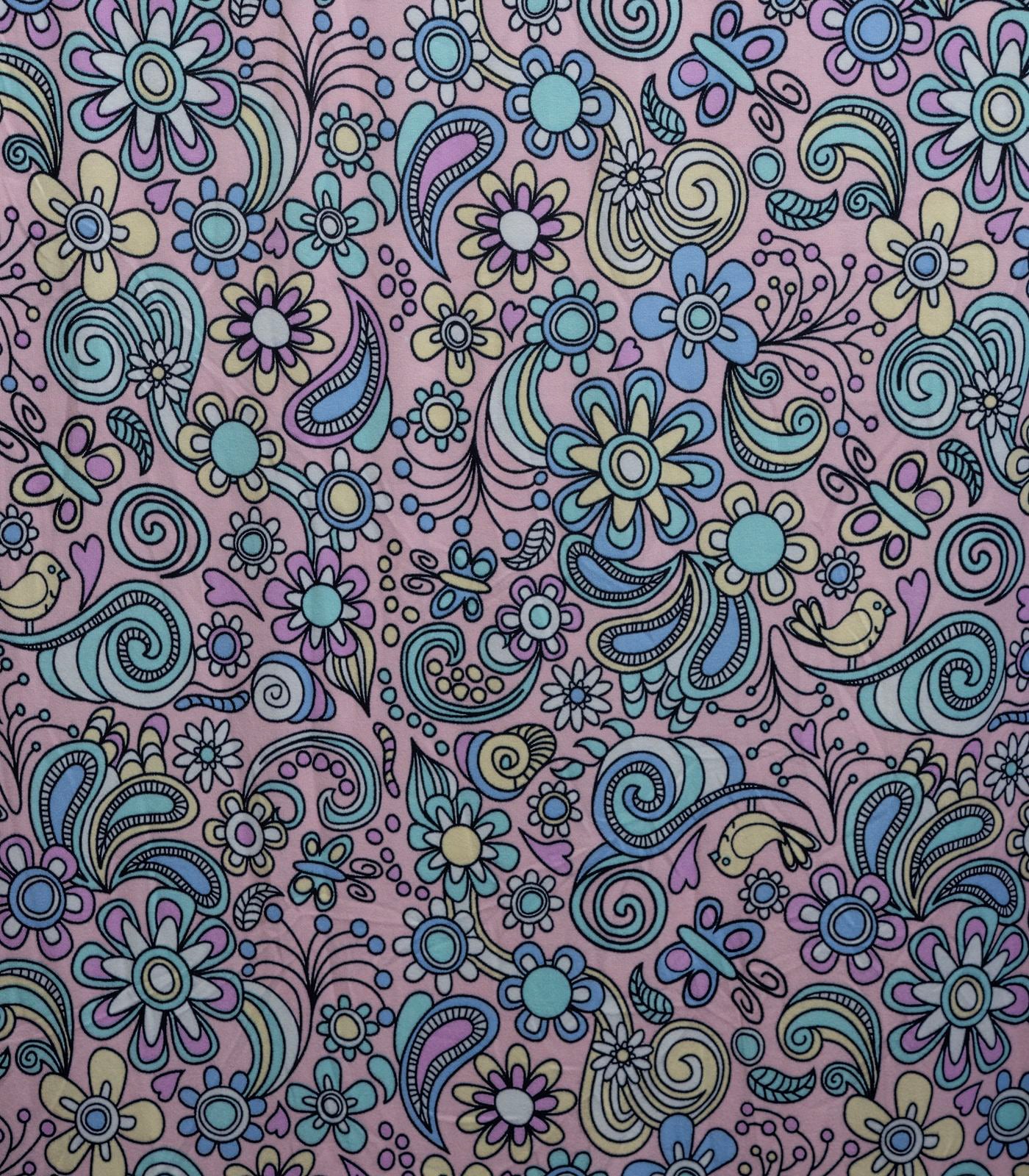 Baby Pink/Teal/Yellow Paisley/Flowers Double Brushed Poly Fabric