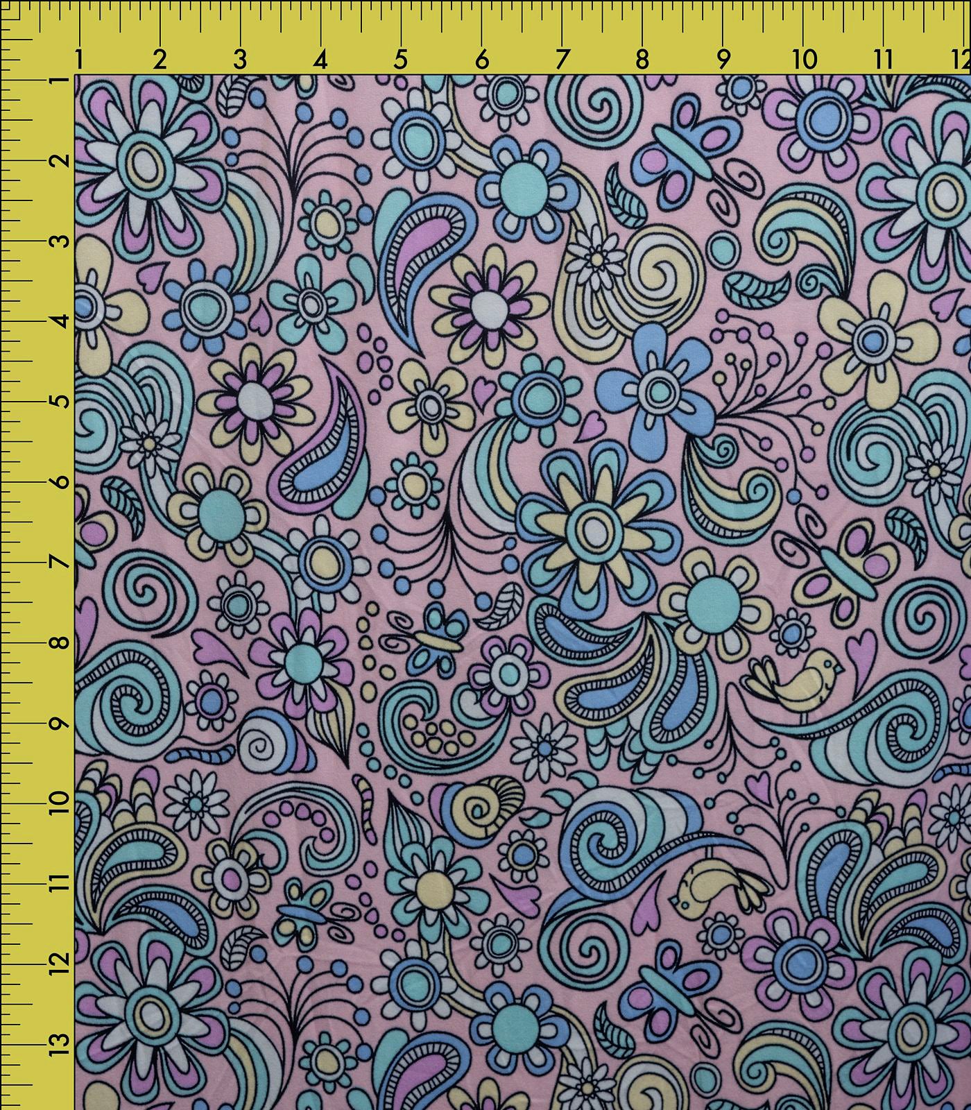 Baby Pink/Teal/Yellow Paisley/Flowers Double Brushed Poly Fabric